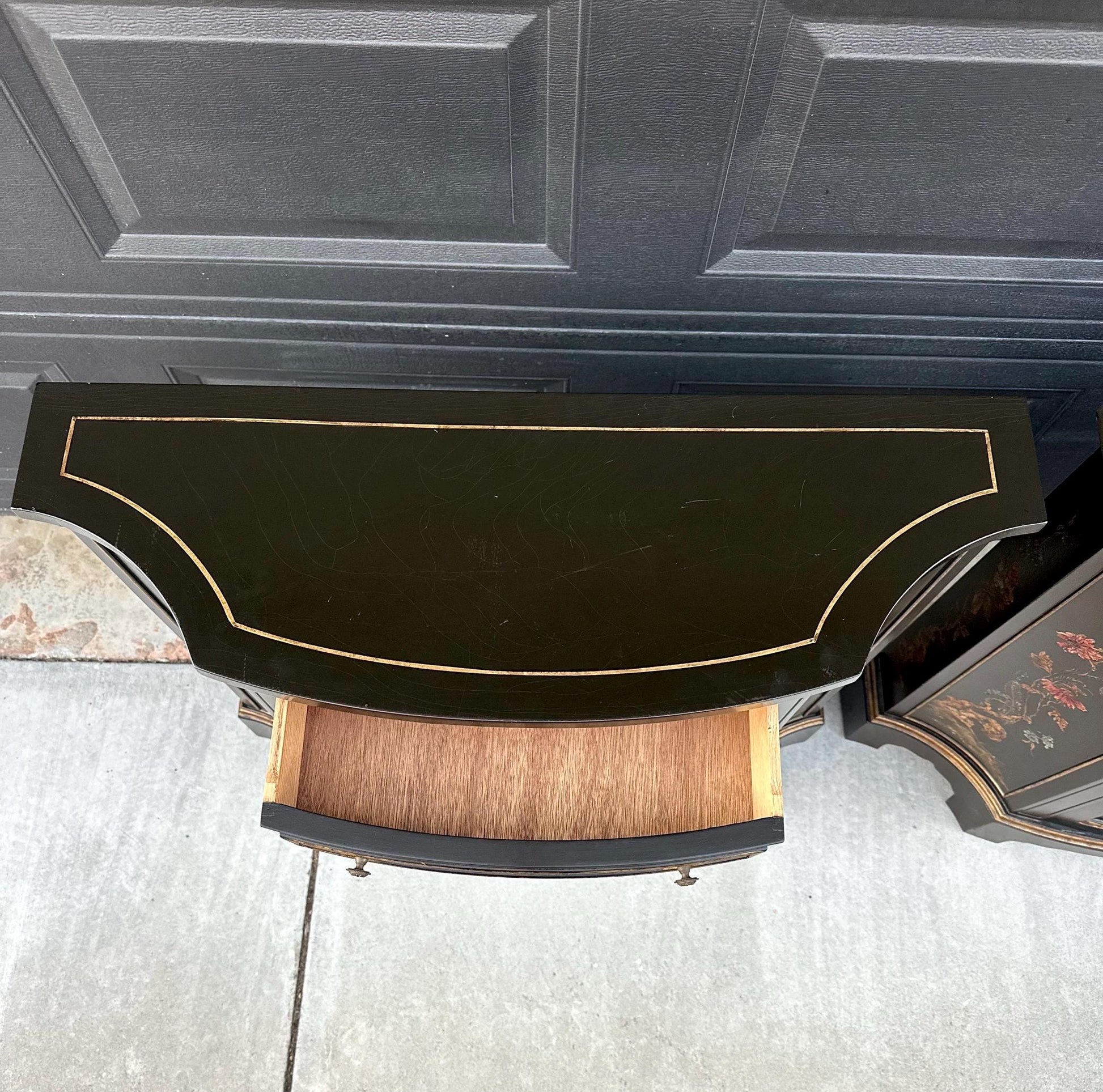 Vintage Mid 1900's Oriental Black & Gold Demilune Narrow Hand Painted Accent Cabinets - a Pair