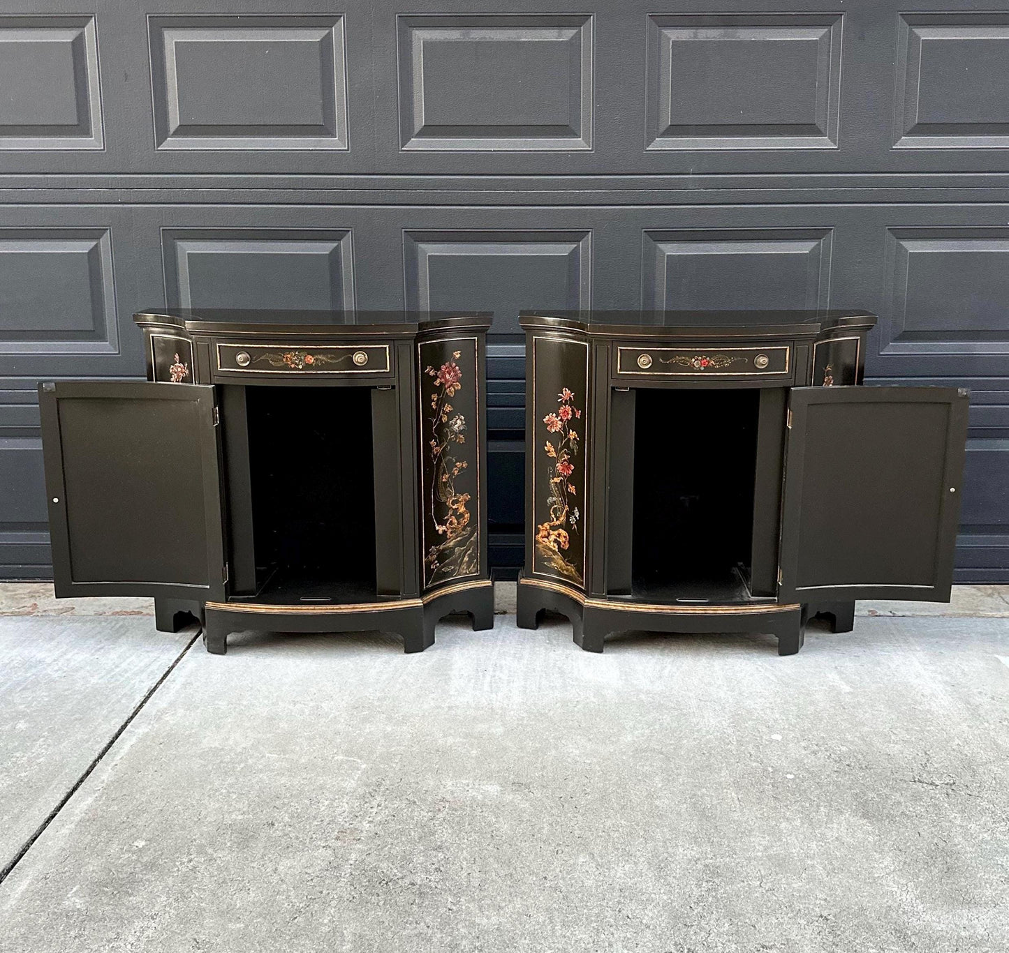 Vintage Mid 1900's Oriental Black & Gold Demilune Narrow Hand Painted Accent Cabinets - a Pair
