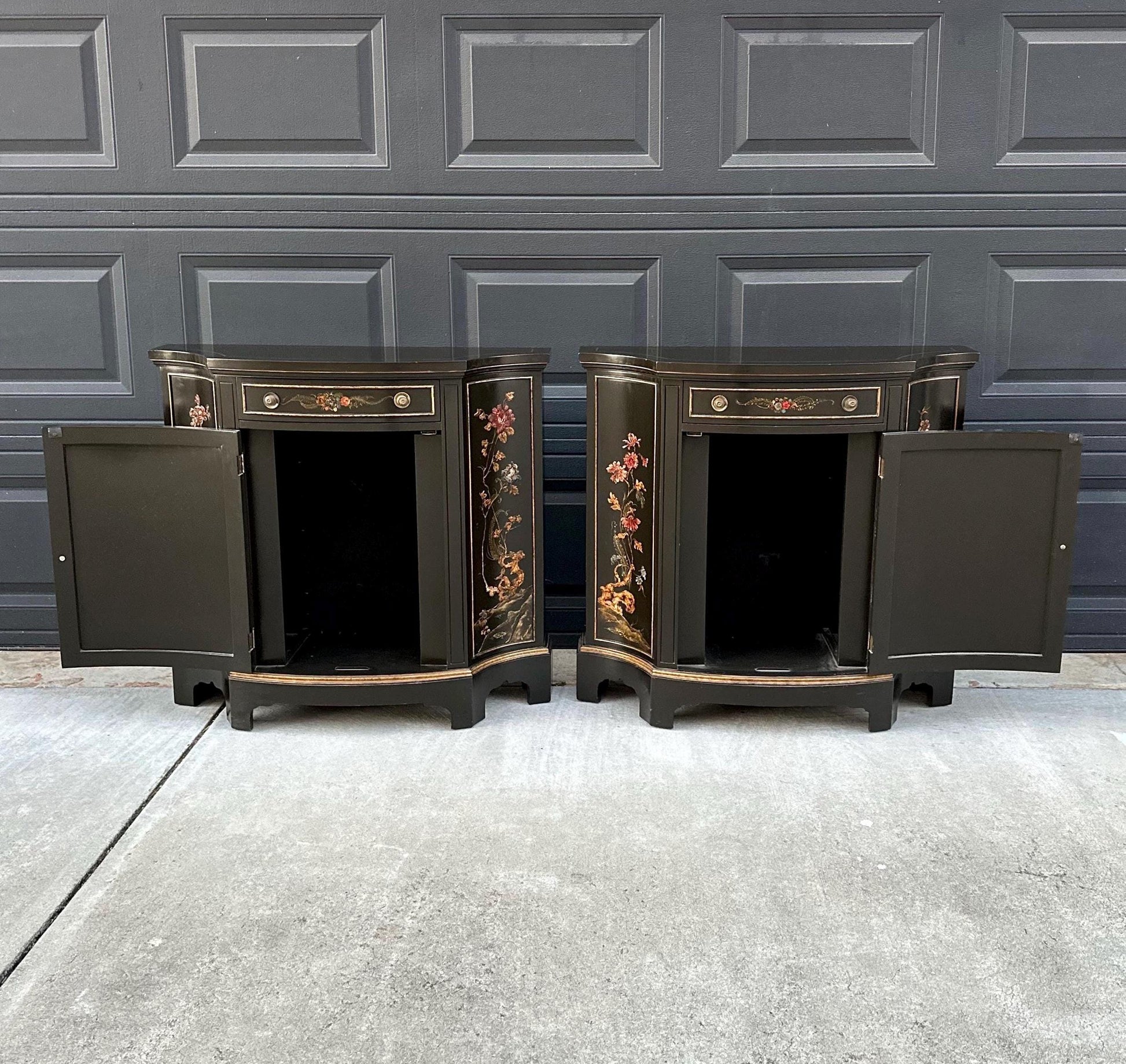 Vintage Mid 1900's Oriental Black & Gold Demilune Narrow Hand Painted Accent Cabinets - a Pair