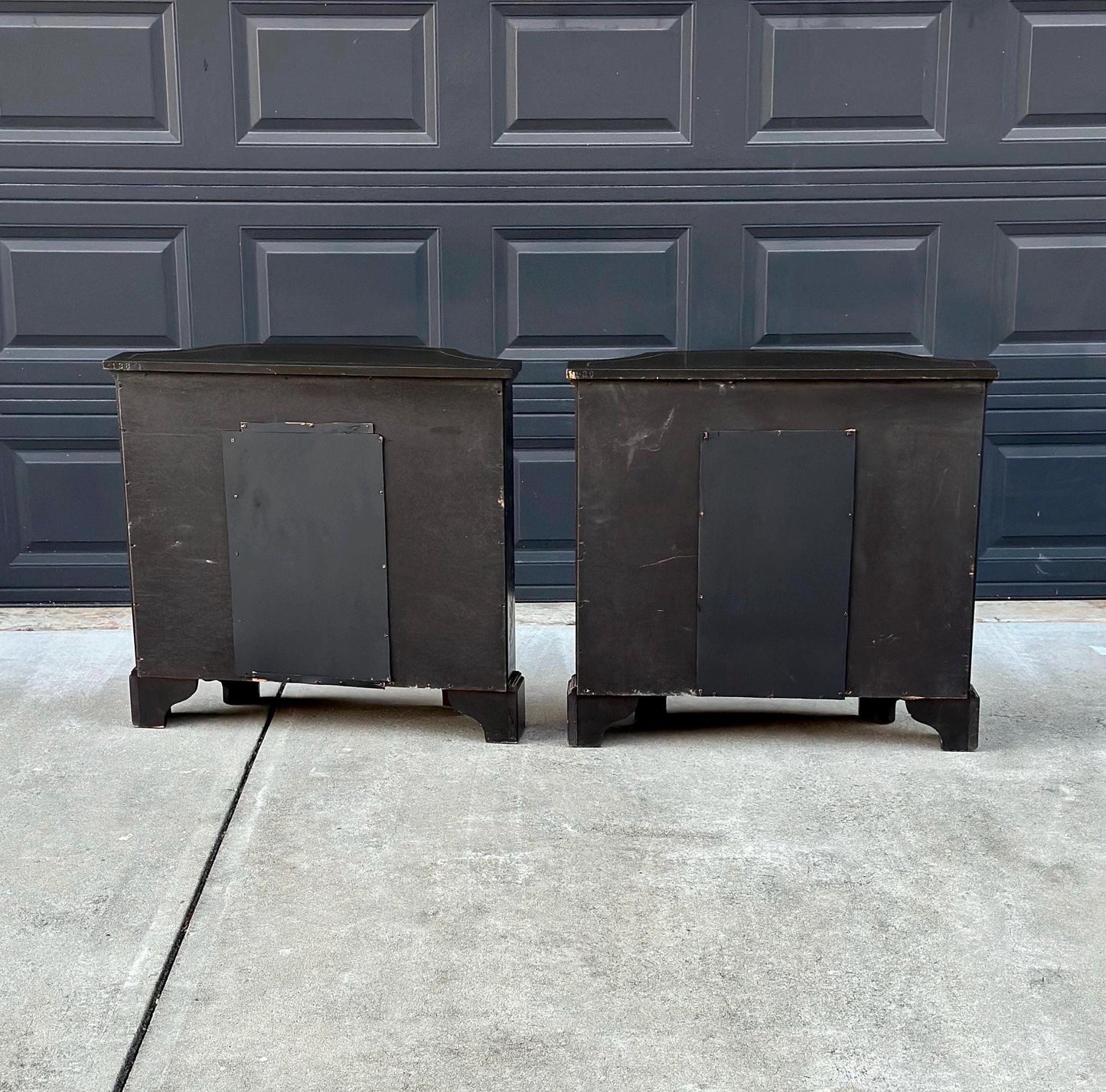 Vintage Mid 1900's Oriental Black & Gold Demilune Narrow Hand Painted Accent Cabinets - a Pair