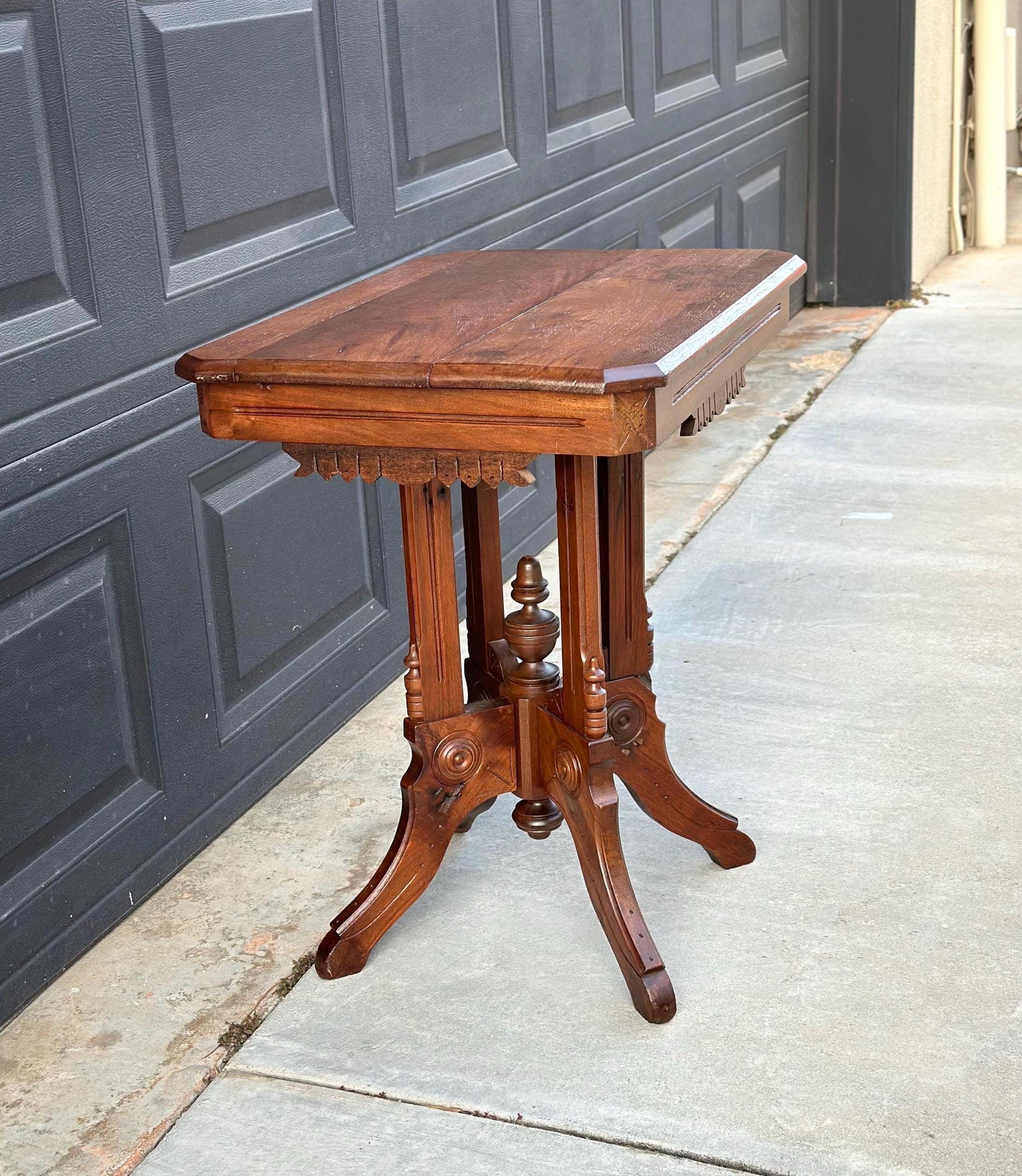 Antique Late 1800's English Eastlake Solid Wood Carved Walnut Accent Side Table