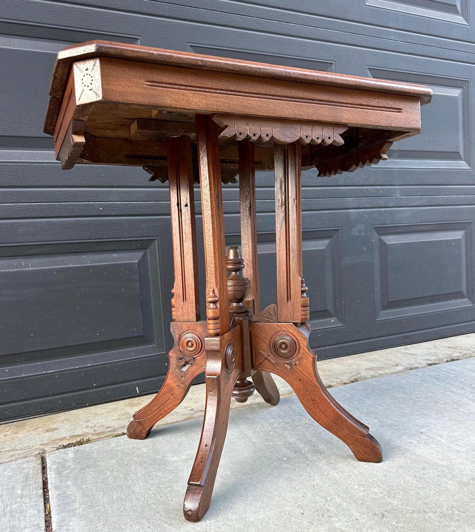 Antique Late 1800's English Eastlake Solid Wood Carved Walnut Accent Side Table