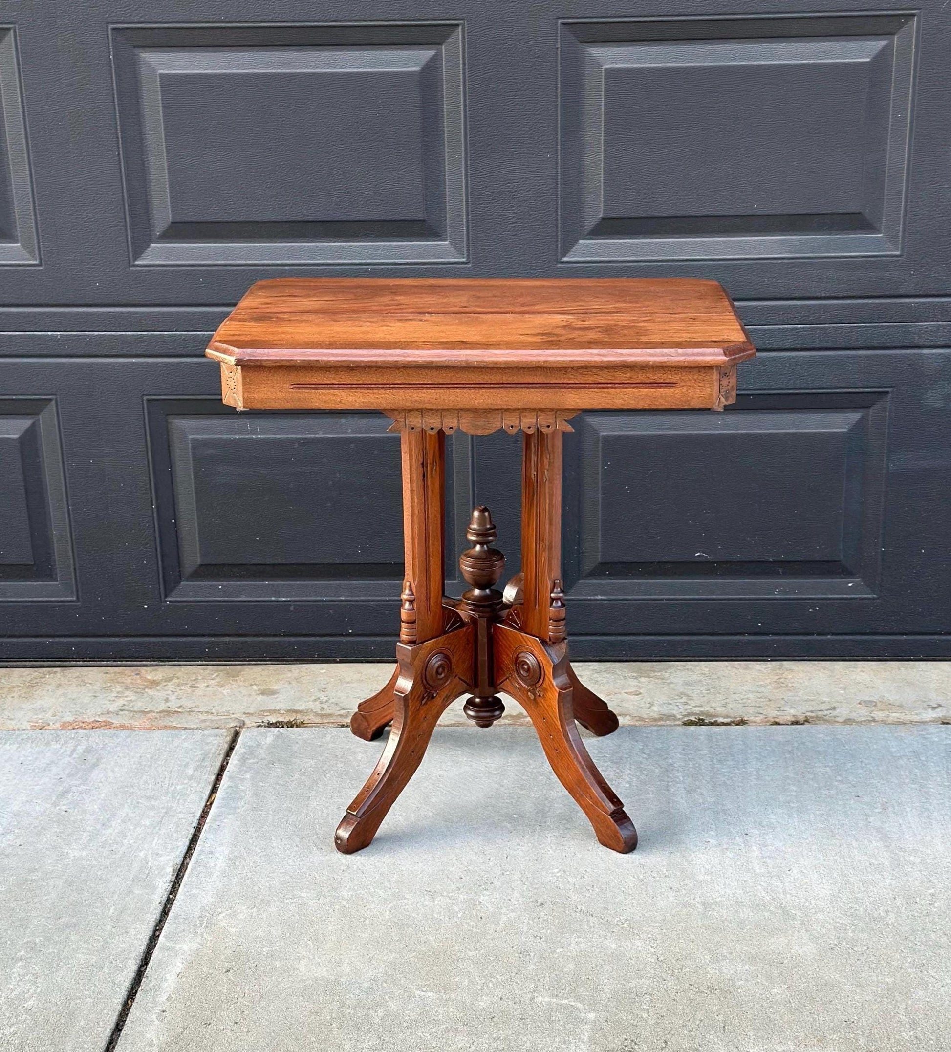 Antique Late 1800's English Eastlake Solid Wood Carved Walnut Accent Side Table