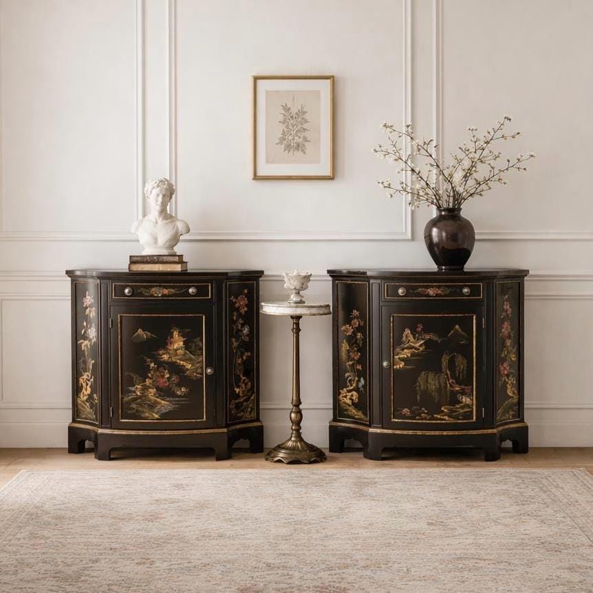 Vintage Mid 1900's Oriental Black & Gold Demilune Narrow Hand Painted Accent Cabinets - a Pair