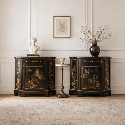 Vintage Mid 1900's Oriental Black & Gold Demilune Narrow Hand Painted Accent Cabinets - a Pair