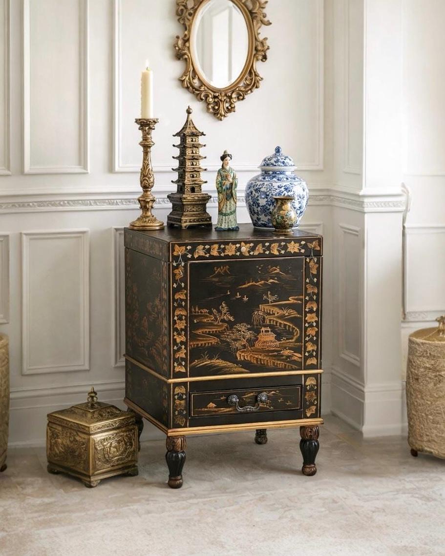 Antique Mid 1900's Oriental Black & Gold Hand Painted Lift Top Table with Drawer