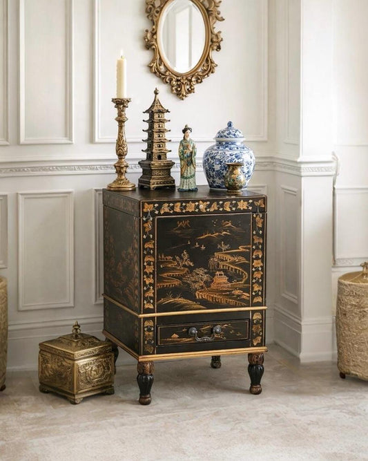 Antique Mid 1900's Oriental Black & Gold Hand Painted Lift Top Table with Drawer