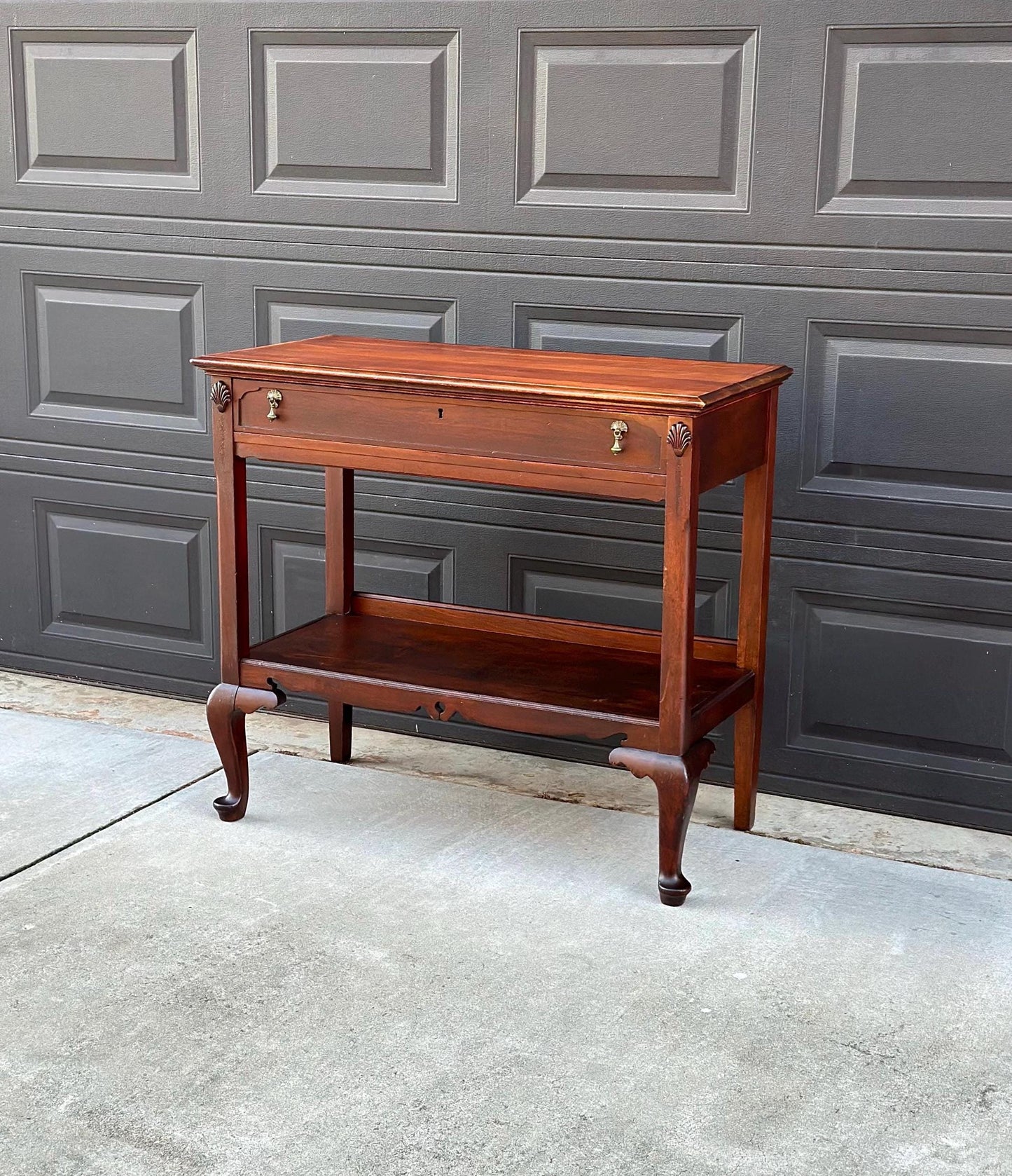 Antique Early 1900's Solid Wood Open Shelf Mahogany Console Server Table with Drawer