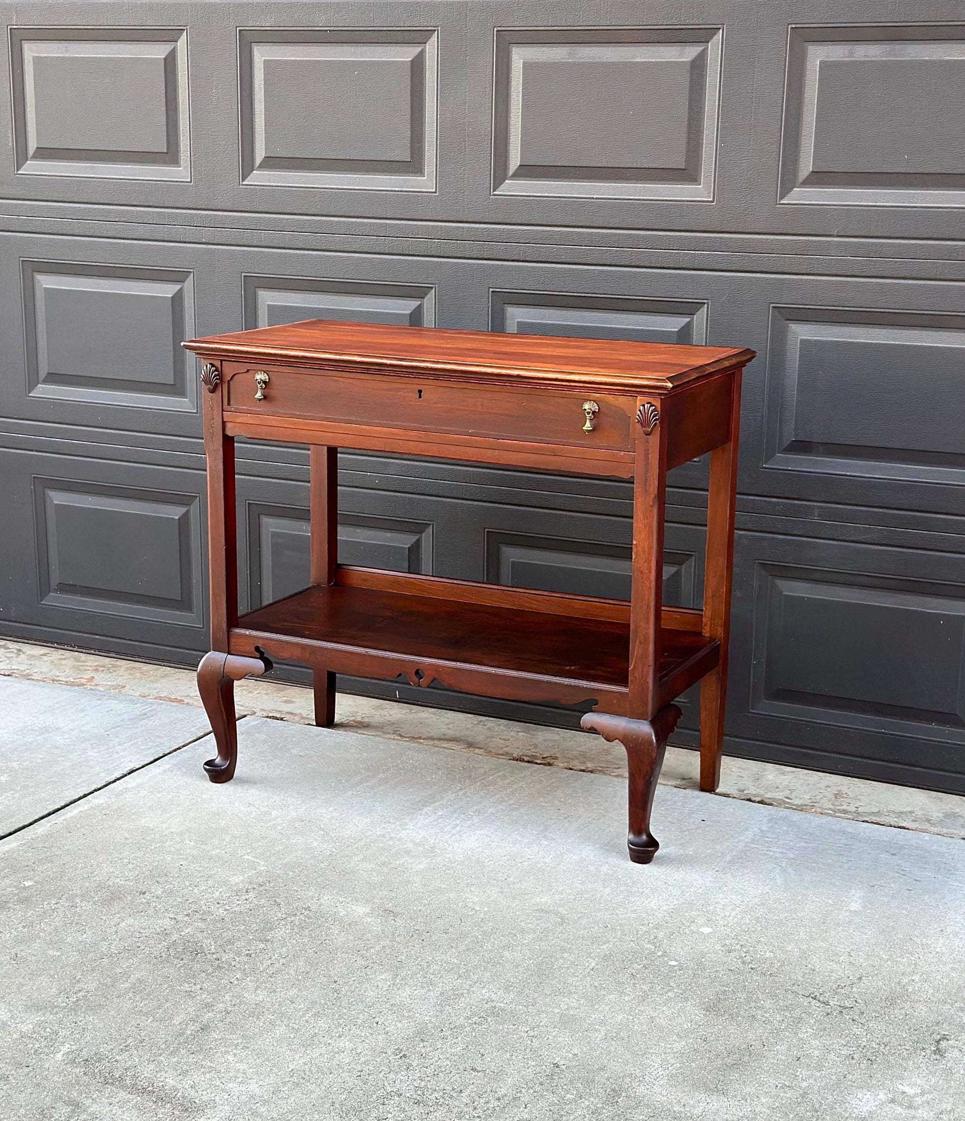 Antique Early 1900's Solid Wood Open Shelf Mahogany Console Server Table with Drawer