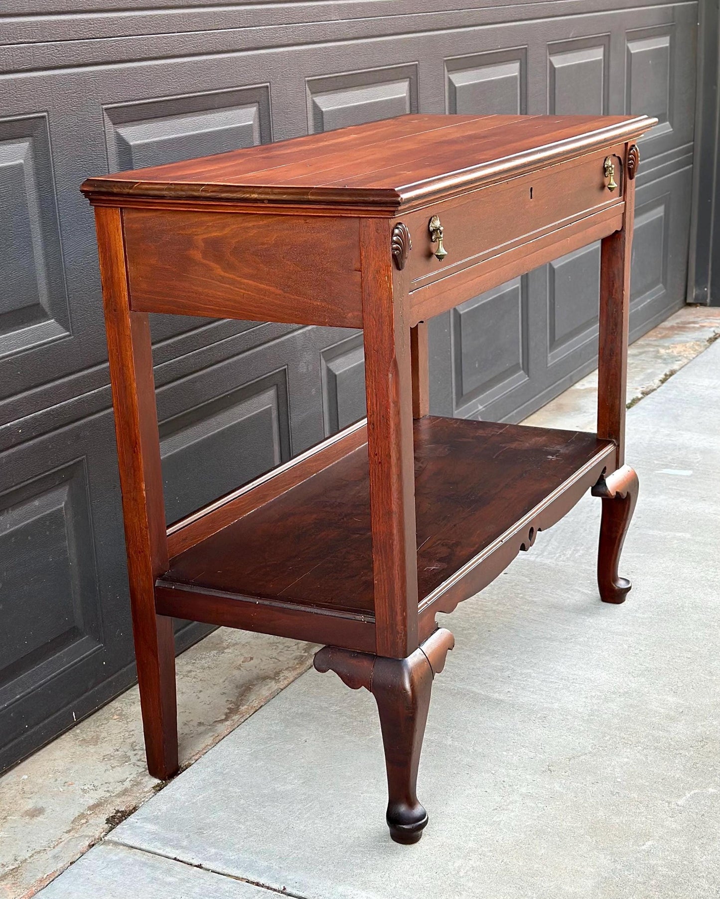Antique Early 1900's Solid Wood Open Shelf Mahogany Console Server Table with Drawer