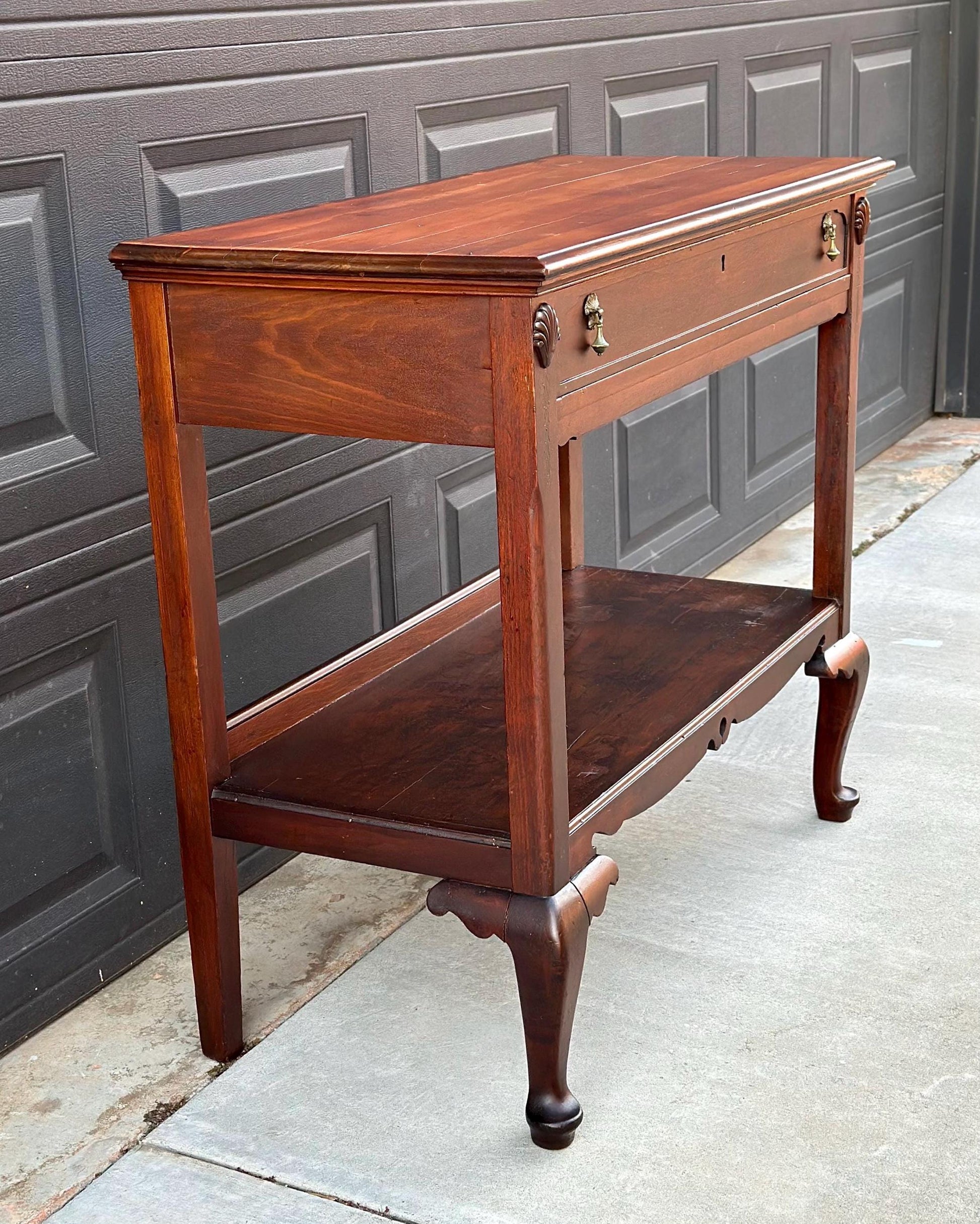 Antique Early 1900's Solid Wood Open Shelf Mahogany Console Server Table with Drawer