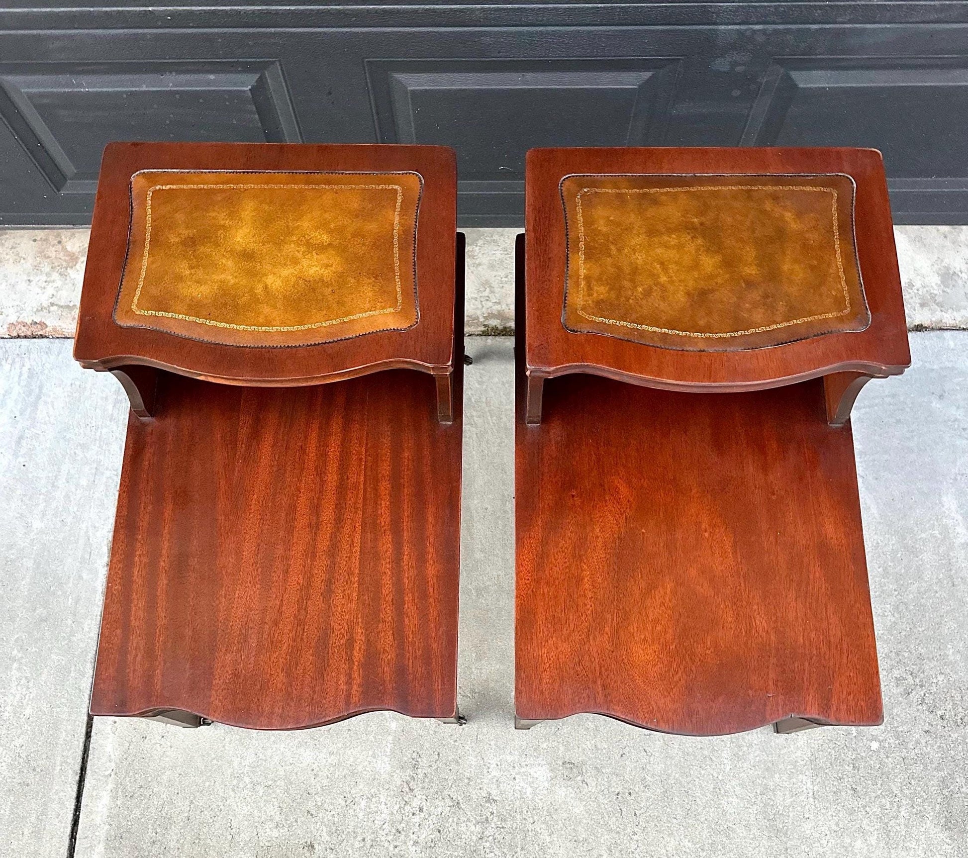 Vintage Mid 1900's Tan Leather & Mahogany Step Side Tables - a Pair