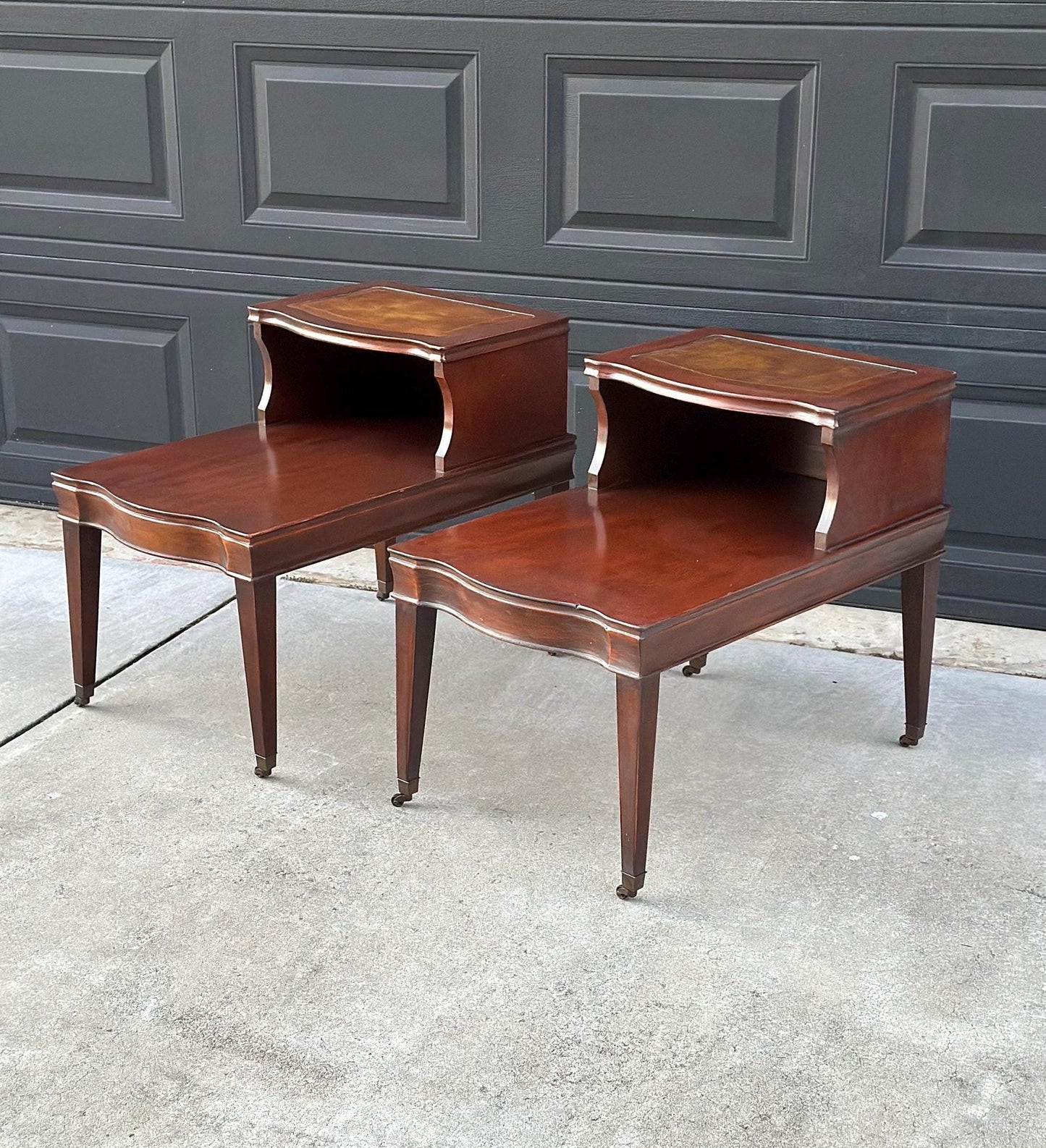 Vintage Mid 1900's Tan Leather & Mahogany Step Side Tables - a Pair