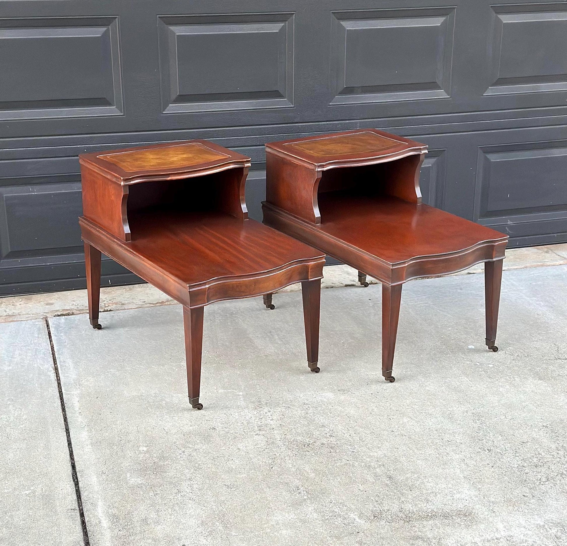 Vintage Mid 1900's Tan Leather & Mahogany Step Side Tables - a Pair
