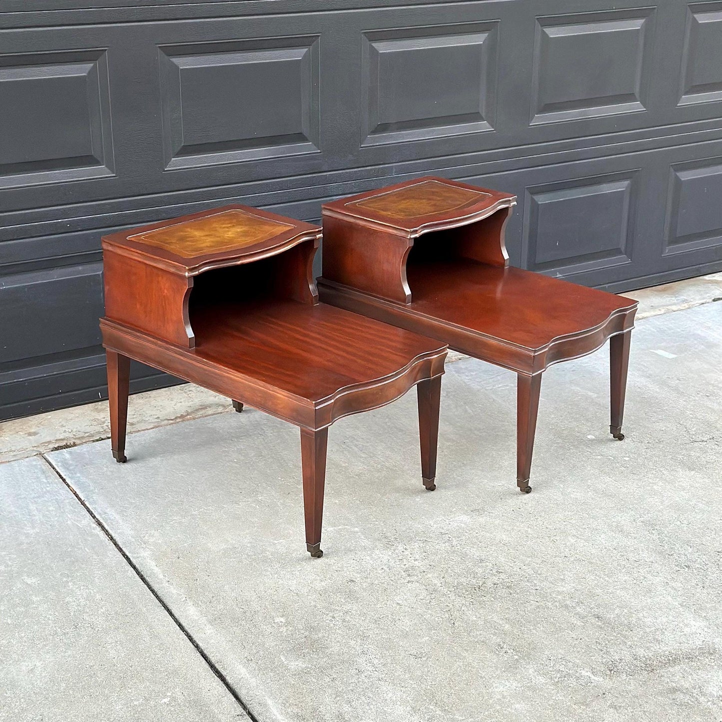Vintage Mid 1900's Tan Leather & Mahogany Step Side Tables - a Pair
