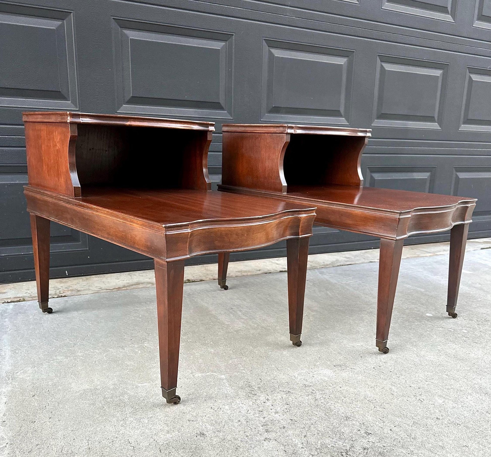 Vintage Mid 1900's Tan Leather & Mahogany Step Side Tables - a Pair
