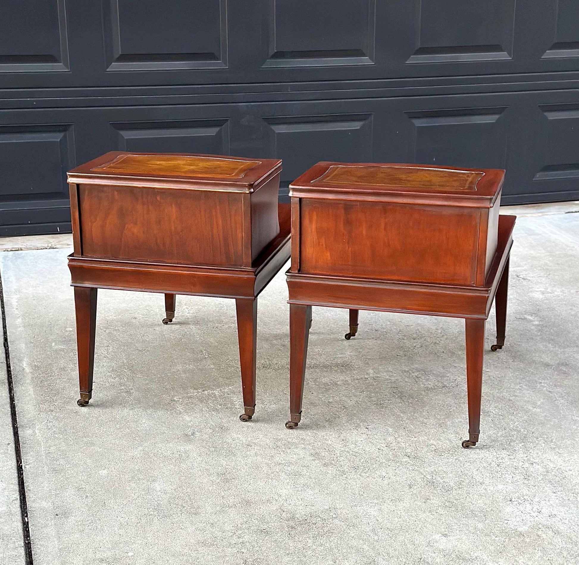Vintage Mid 1900's Tan Leather & Mahogany Step Side Tables - a Pair