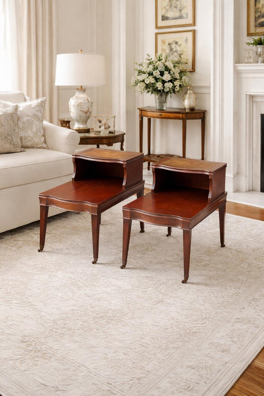 Vintage Mid 1900's Tan Leather & Mahogany Step Side Tables - a Pair