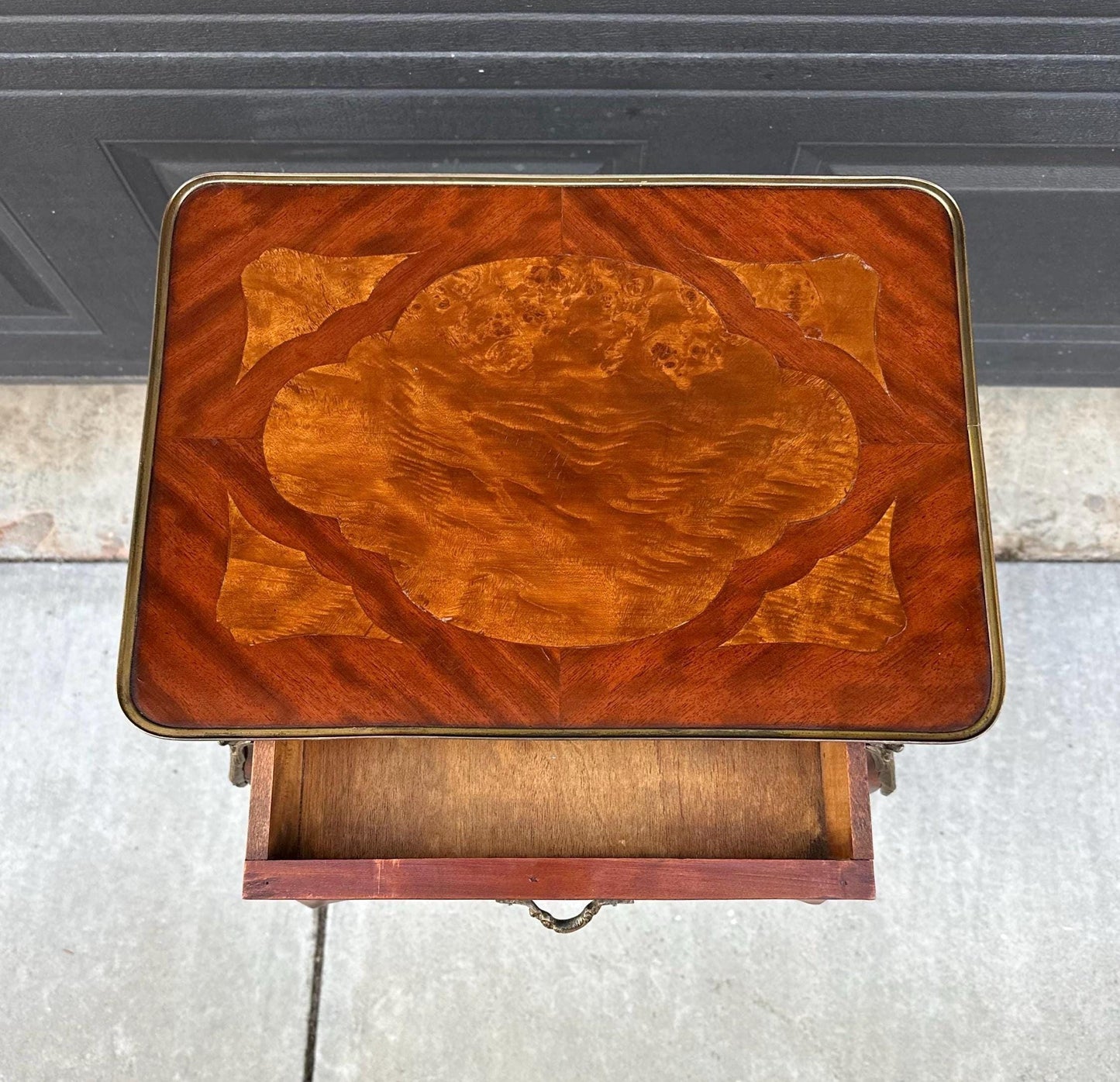 Antique Early 1900's French Inlaid Wood Burl Maple & Mahogany Single Drawer Brass Accent Table