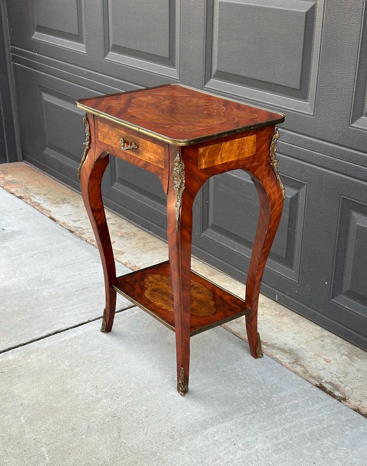 Antique Early 1900's French Inlaid Wood Burl Maple & Mahogany Single Drawer Brass Accent Table