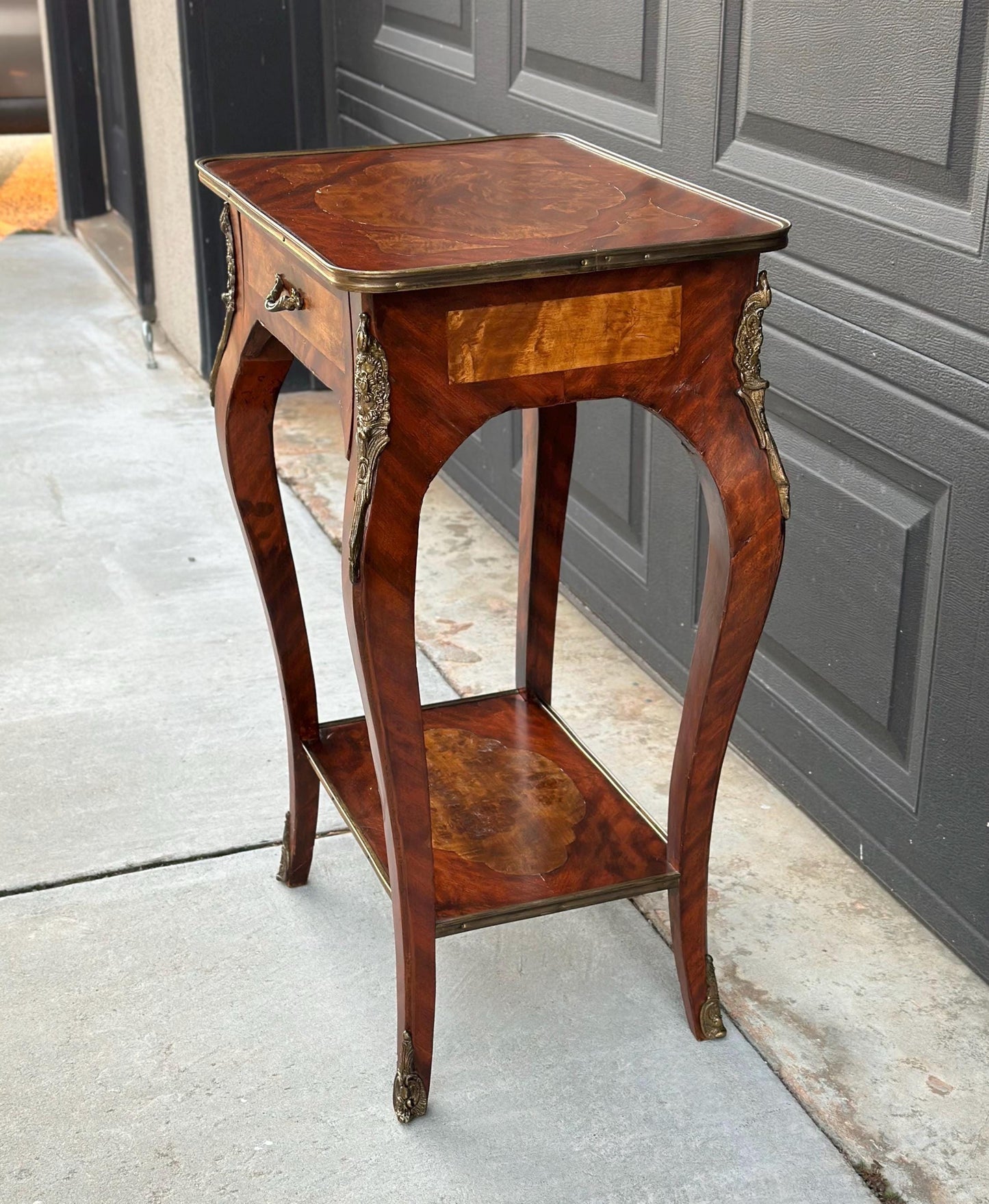 Antique Early 1900's French Inlaid Wood Burl Maple & Mahogany Single Drawer Brass Accent Table