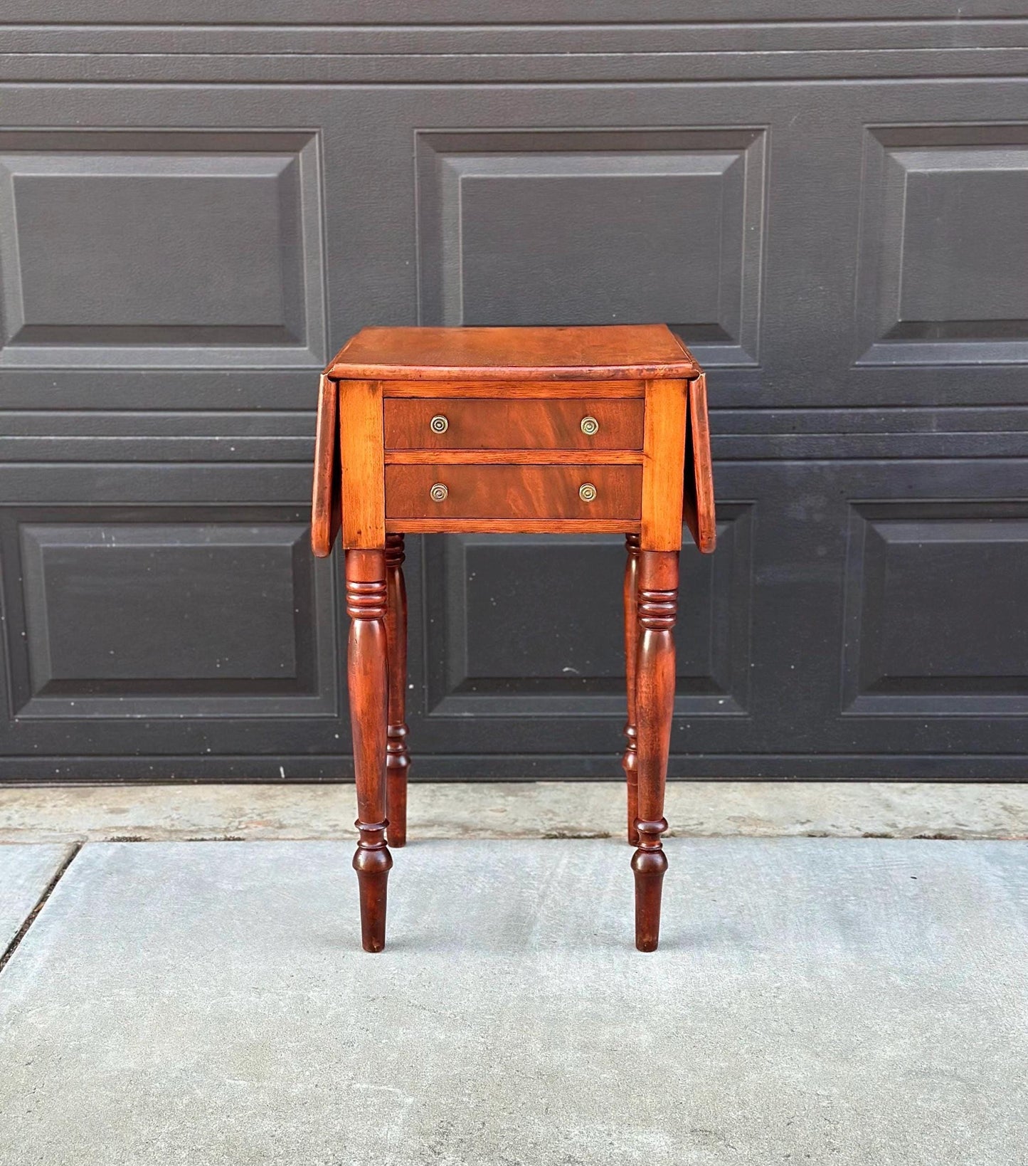 Antique Early 1900's Solid Mahogany Wood Turned Leg English Two Drawer Drop-Leaf Pembroke Accent Table