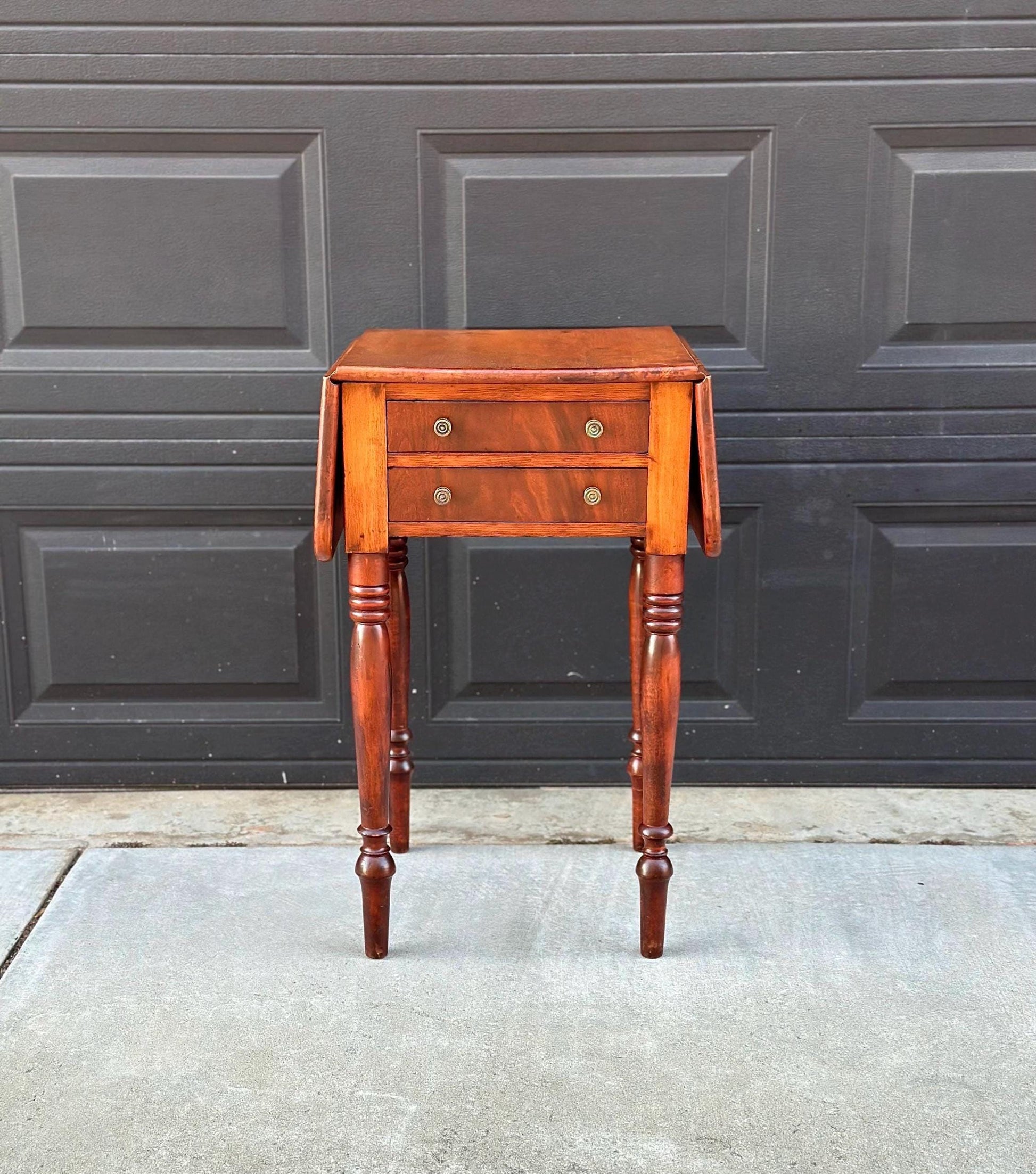Antique Early 1900's Solid Mahogany Wood Turned Leg English Two Drawer Drop-Leaf Pembroke Accent Table