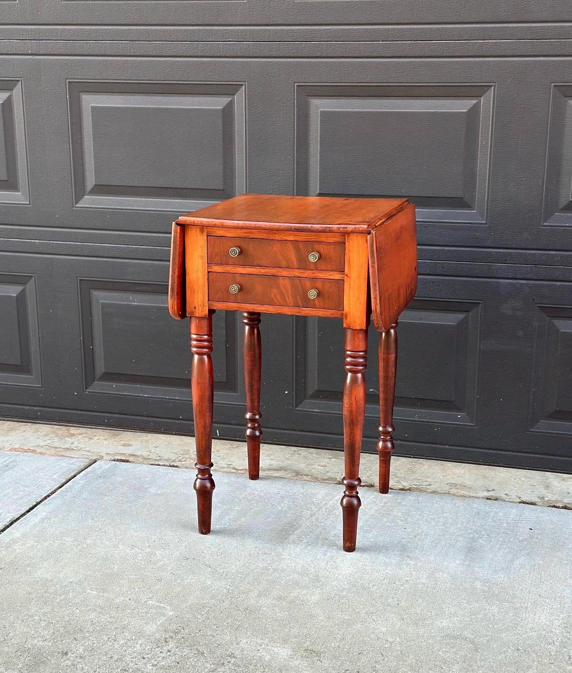 Antique Early 1900's Solid Mahogany Wood Turned Leg English Two Drawer Drop-Leaf Pembroke Accent Table