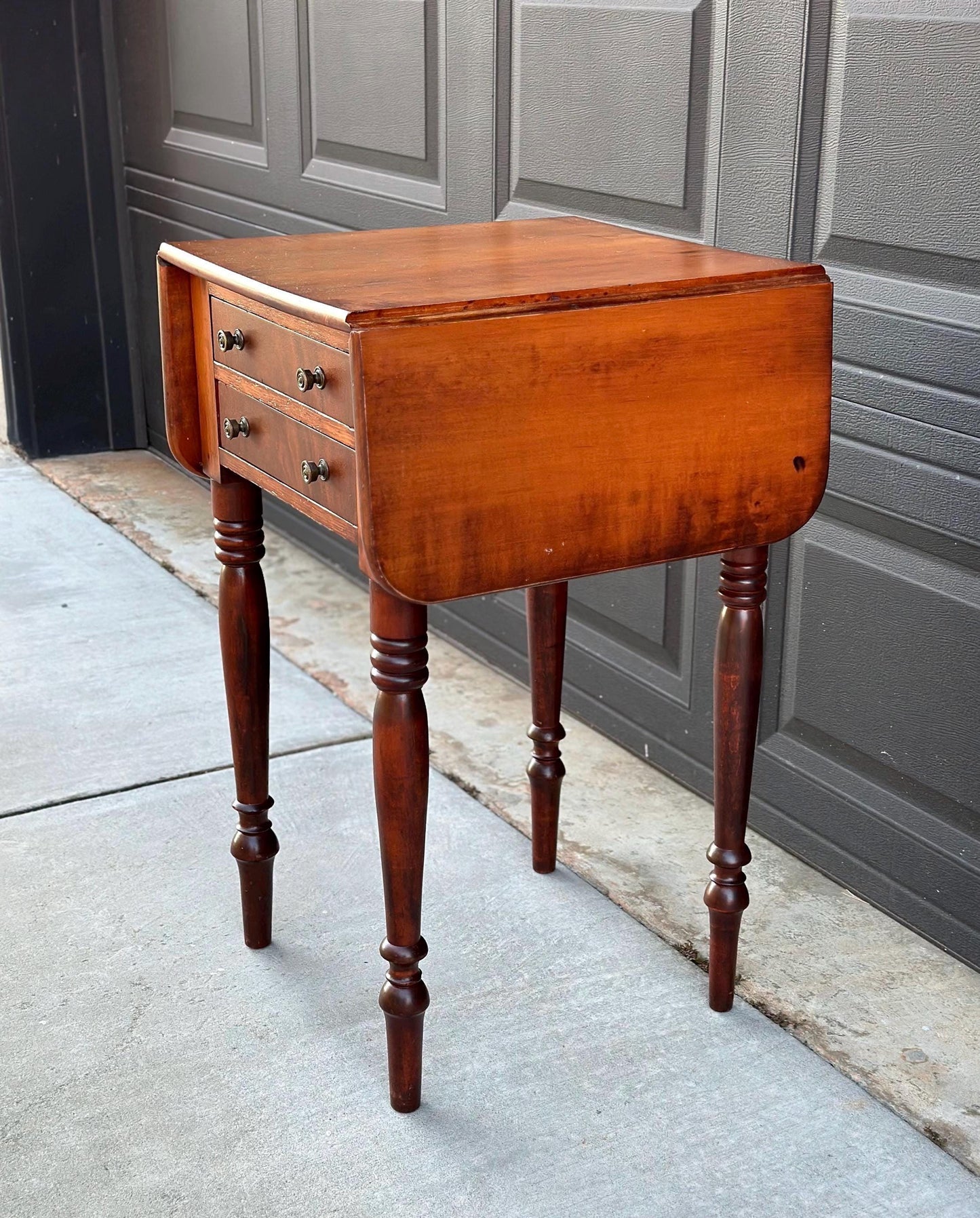 Antique Early 1900's Solid Mahogany Wood Turned Leg English Two Drawer Drop-Leaf Pembroke Accent Table