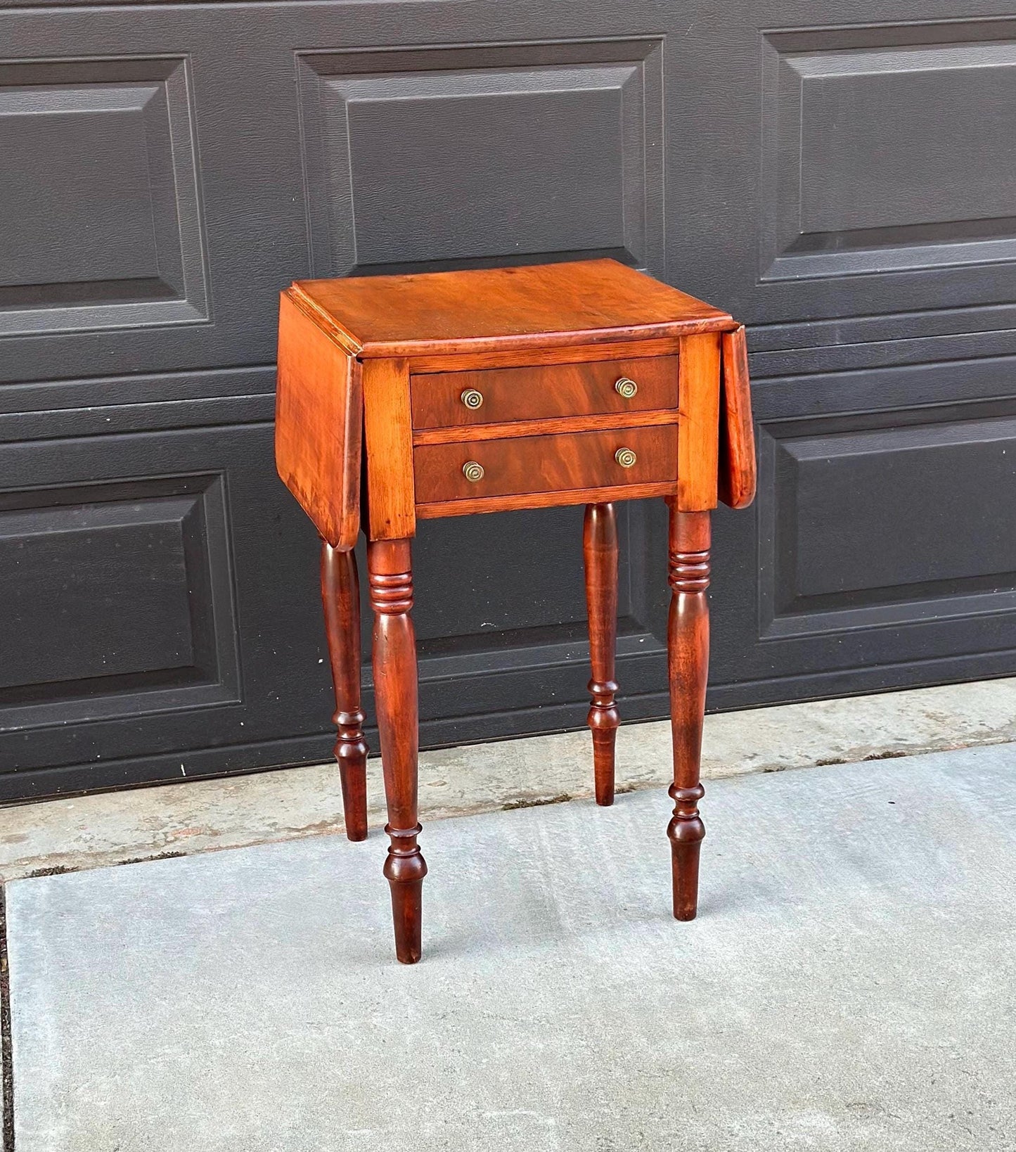 Antique Early 1900's Solid Mahogany Wood Turned Leg English Two Drawer Drop-Leaf Pembroke Accent Table