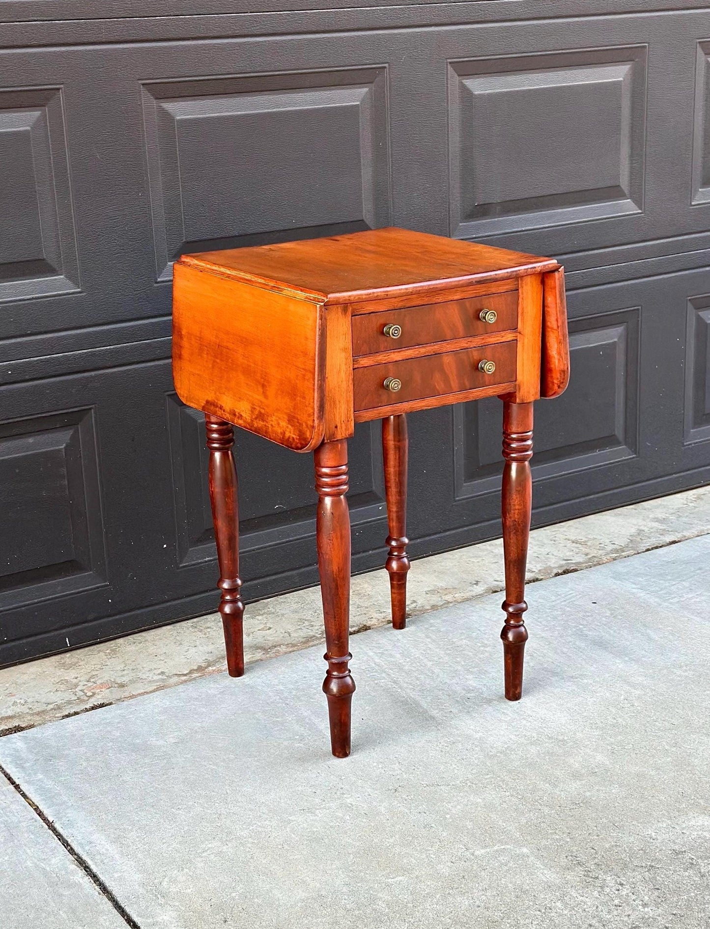Antique Early 1900's Solid Mahogany Wood Turned Leg English Two Drawer Drop-Leaf Pembroke Accent Table