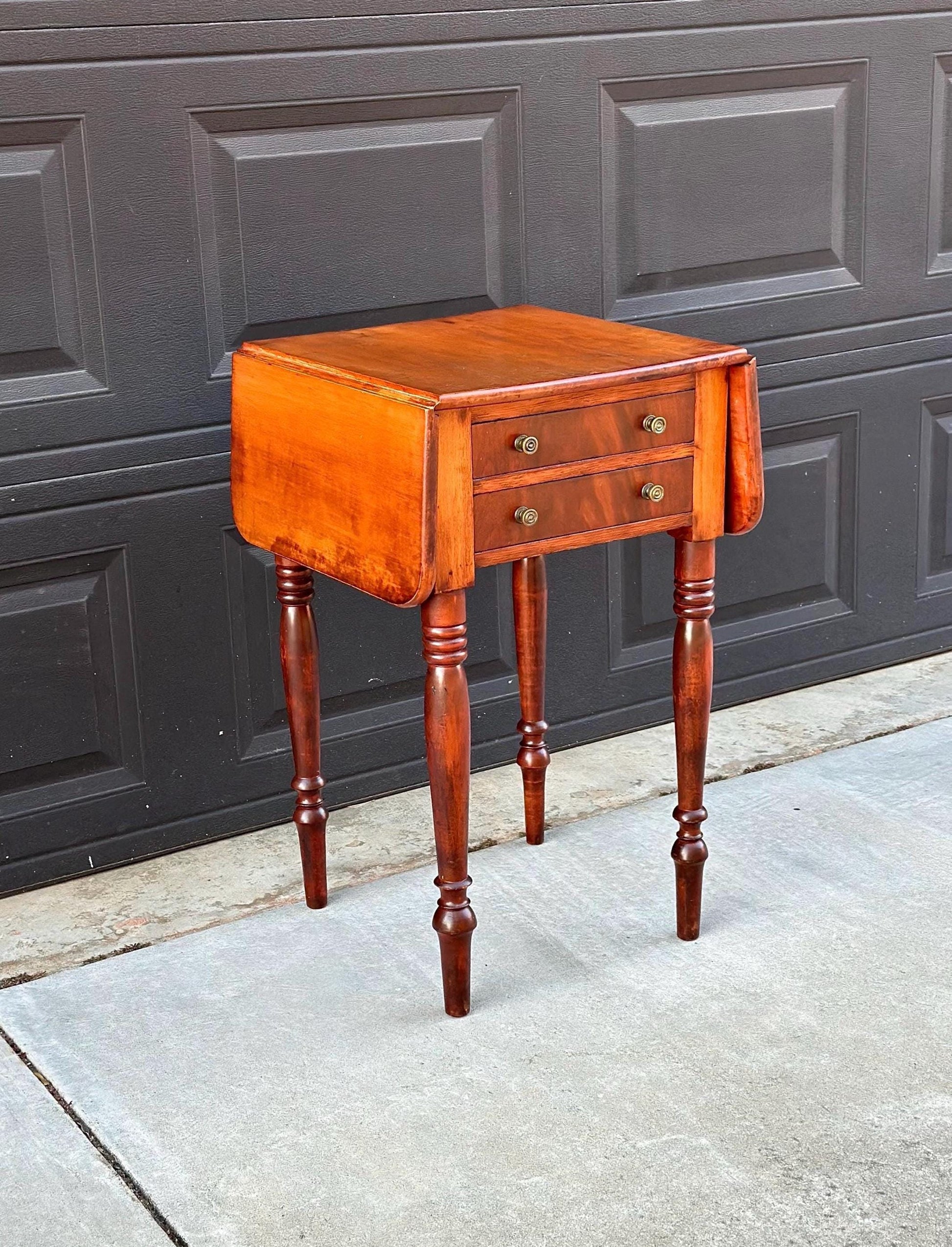 Antique Early 1900's Solid Mahogany Wood Turned Leg English Two Drawer Drop-Leaf Pembroke Accent Table
