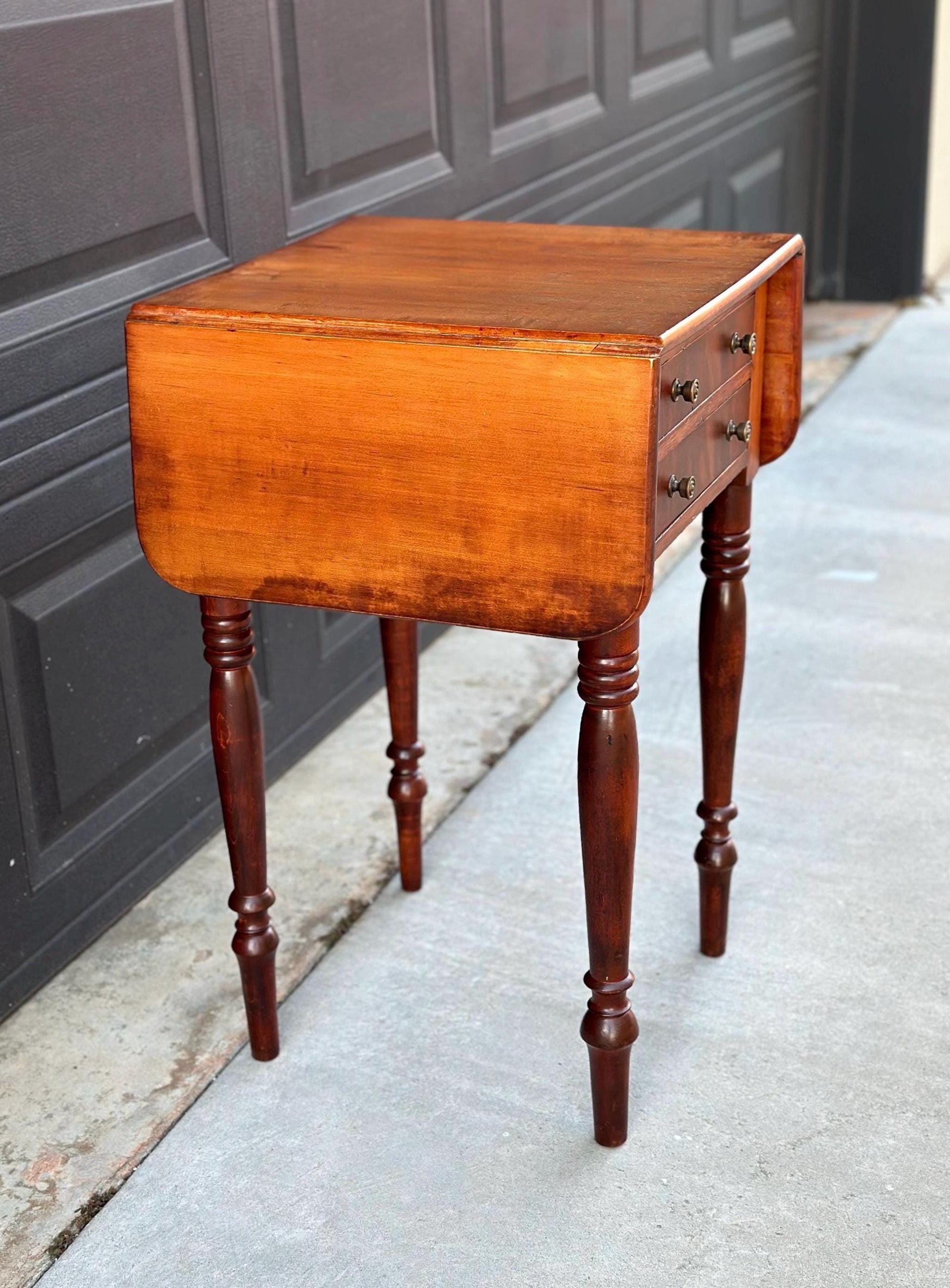 Antique Early 1900's Solid Mahogany Wood Turned Leg English Two Drawer Drop-Leaf Pembroke Accent Table