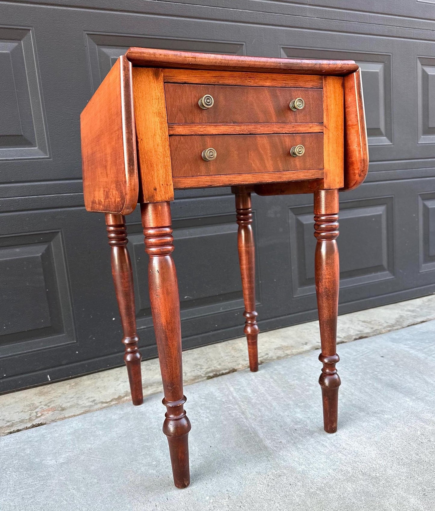 Antique Early 1900's Solid Mahogany Wood Turned Leg English Two Drawer Drop-Leaf Pembroke Accent Table