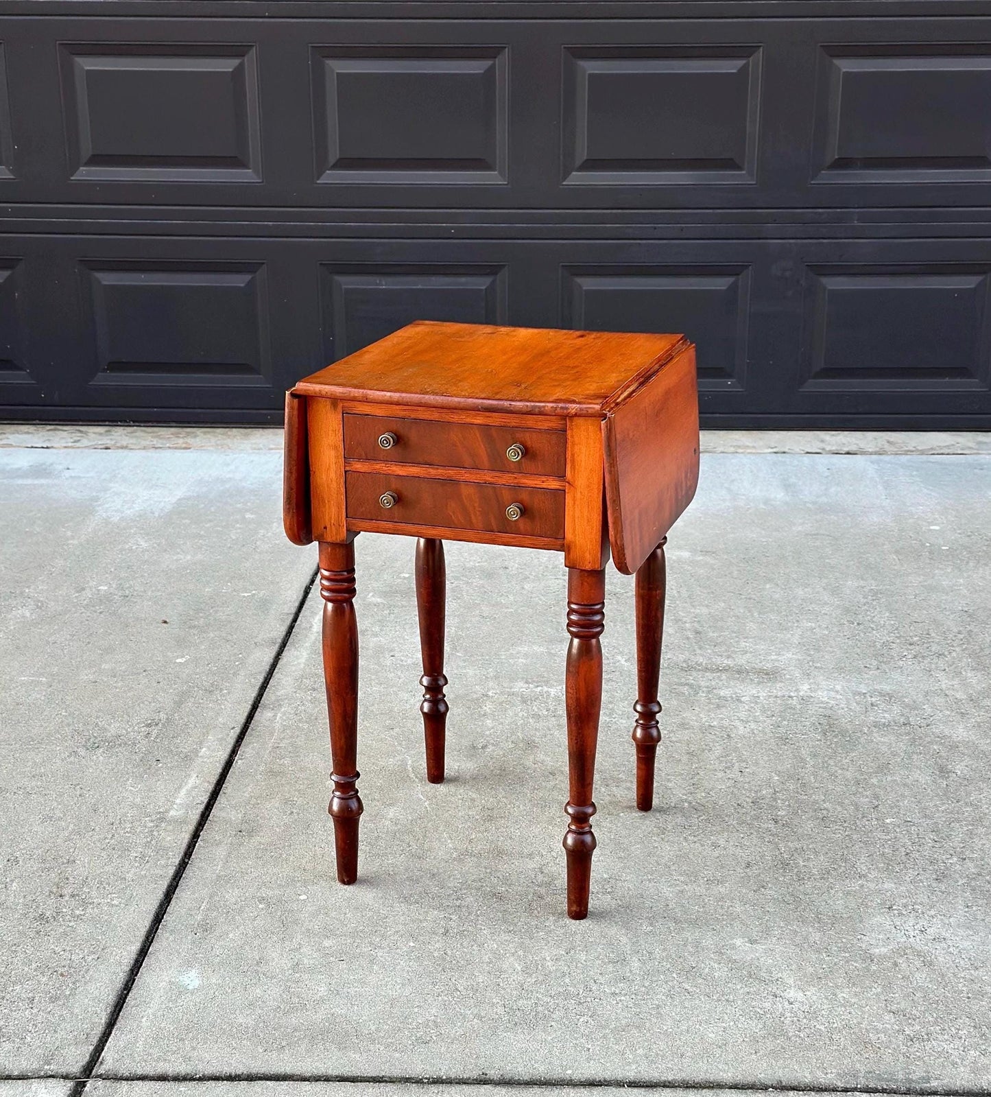 Antique Early 1900's Solid Mahogany Wood Turned Leg English Two Drawer Drop-Leaf Pembroke Accent Table