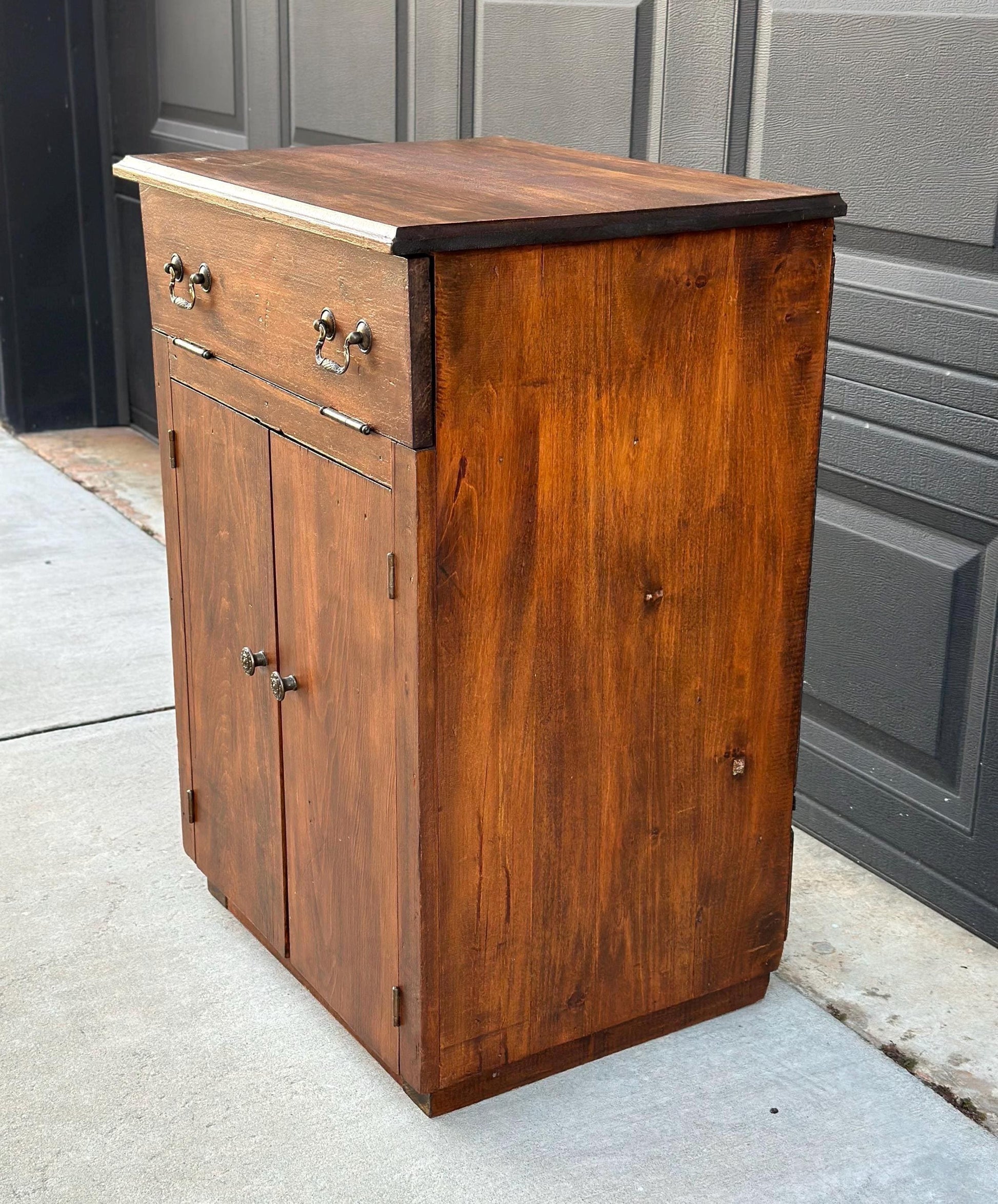 Antique Early 1900's Solid Cherry Wood Lift Top Side Cabinet