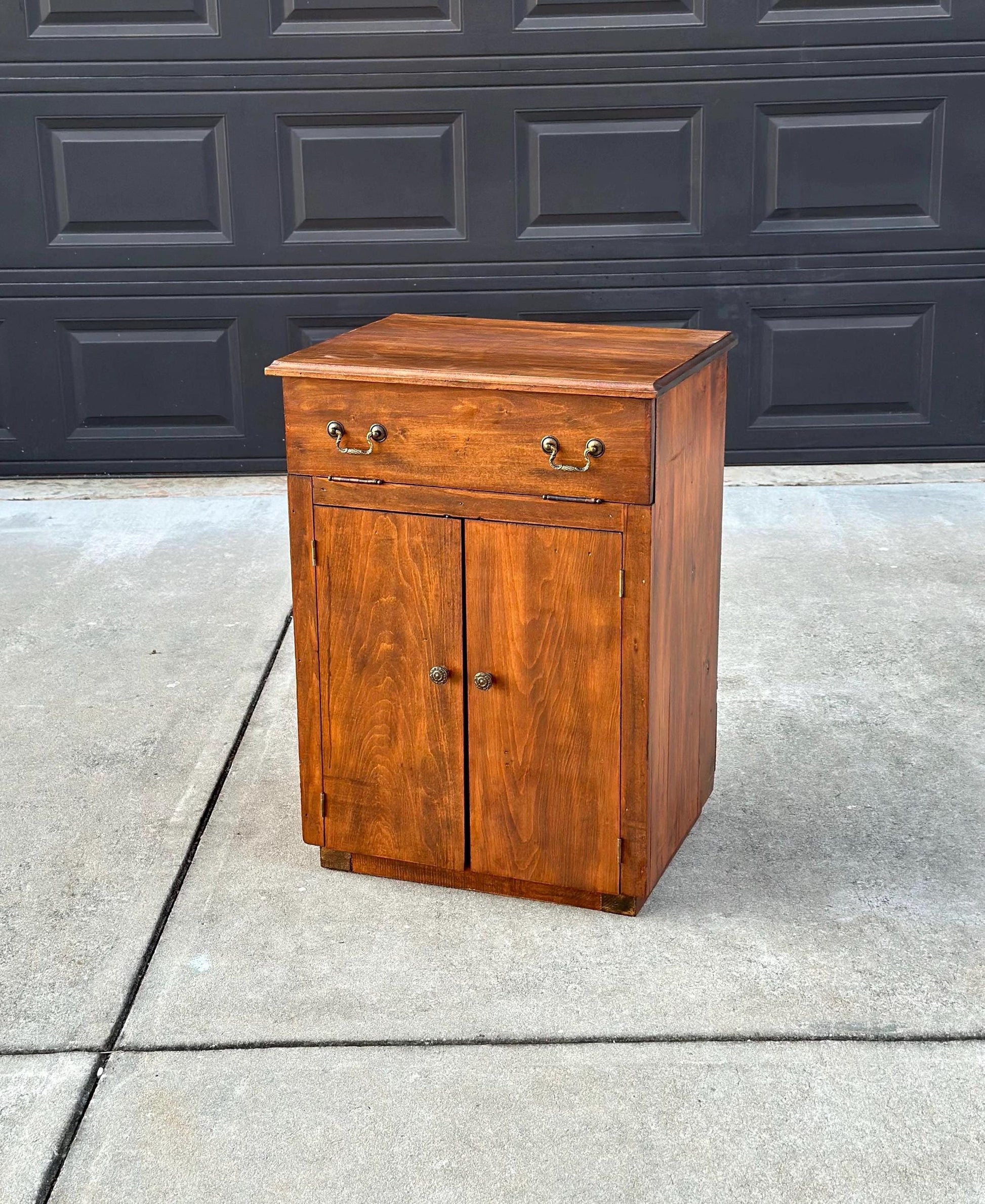 Antique Early 1900's Solid Cherry Wood Lift Top Side Cabinet
