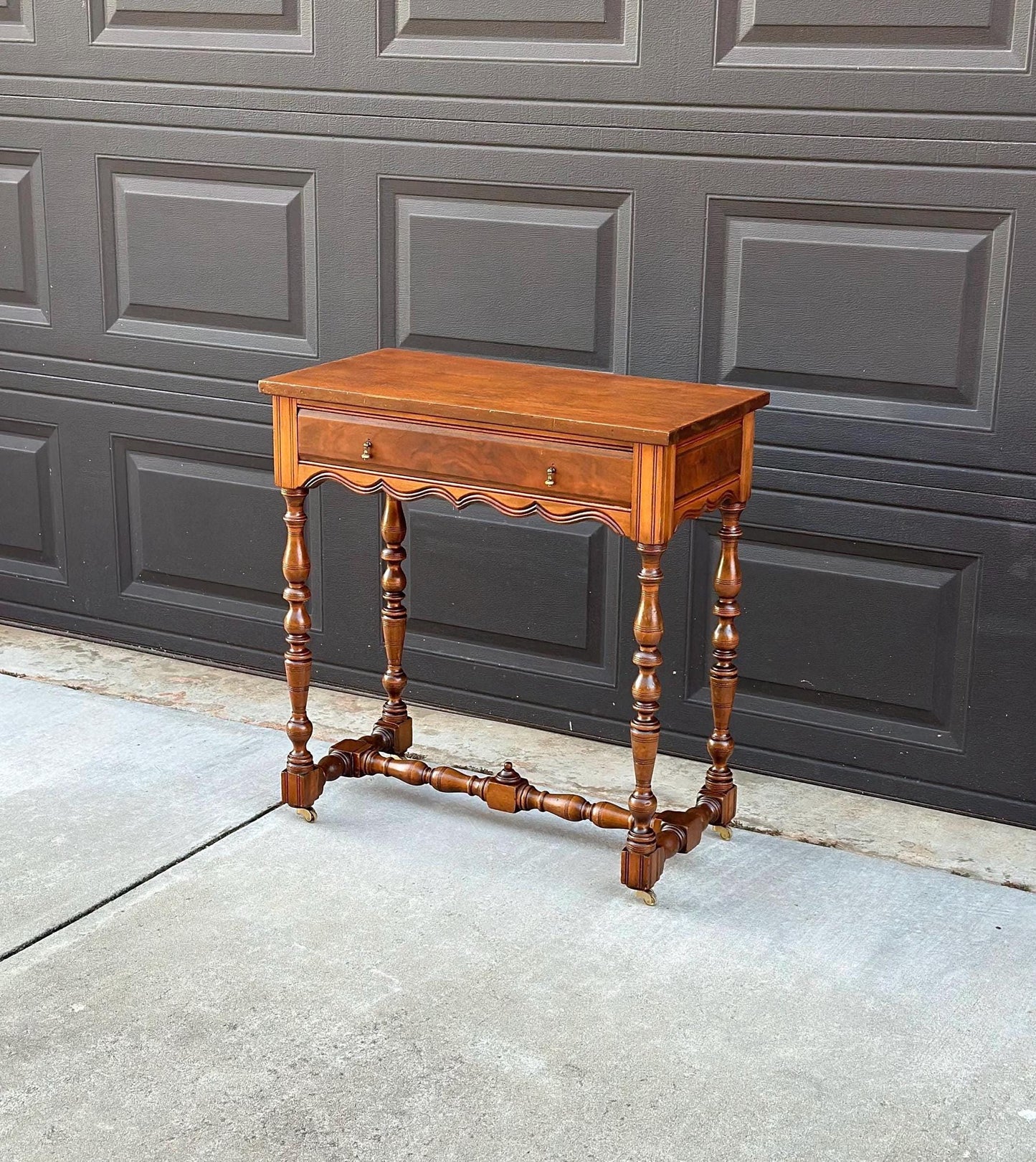 Antique Early 1900's Single Drawer Turned Leg Mahogany & Walnut Wood Accent Table on Casters
