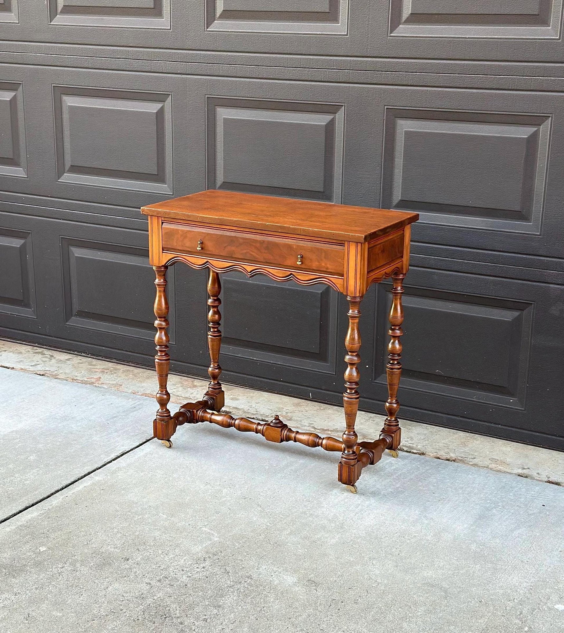 Antique Early 1900's Single Drawer Turned Leg Mahogany & Walnut Wood Accent Table on Casters