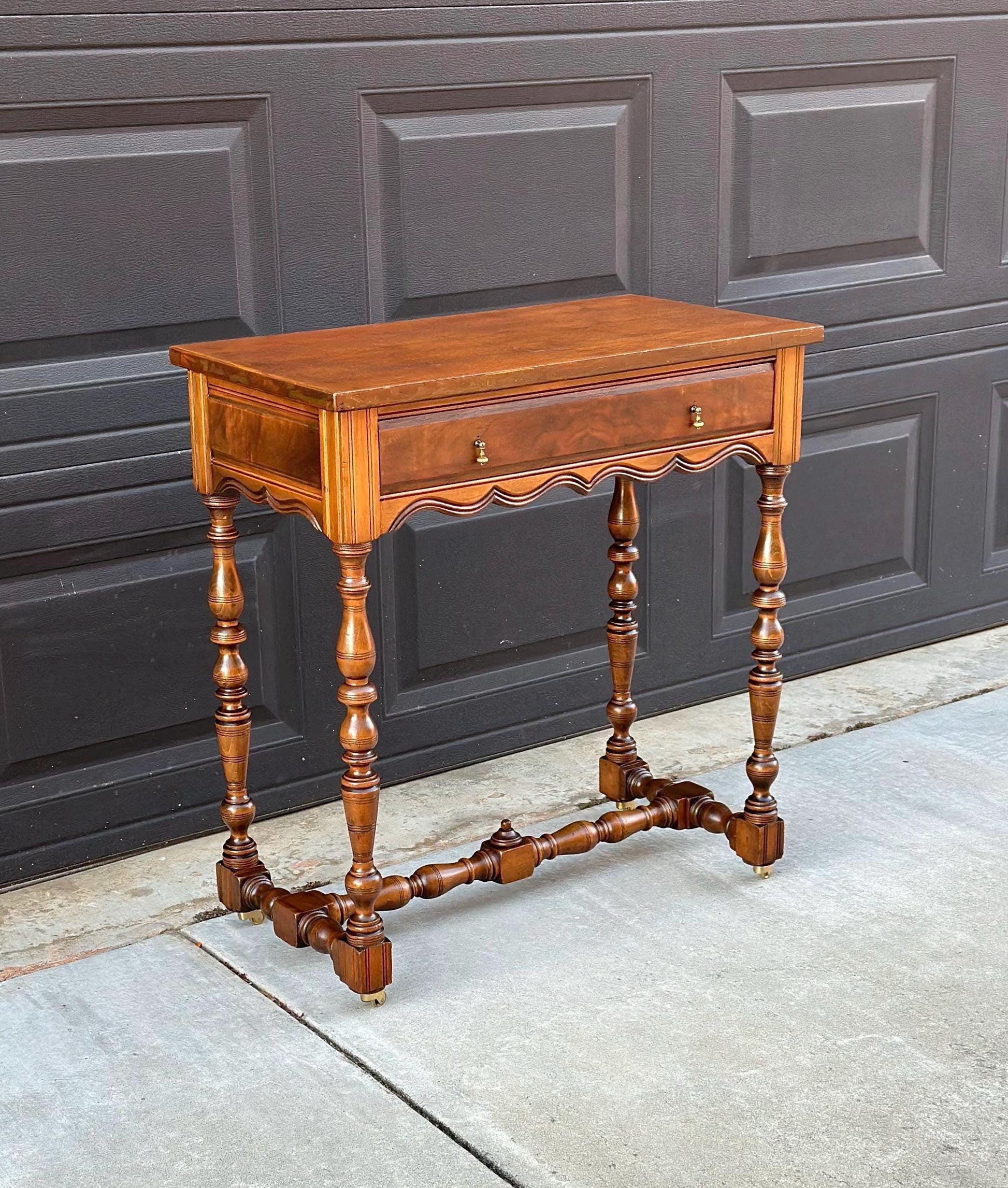 Antique Early 1900's Single Drawer Turned Leg Mahogany & Walnut Wood Accent Table on Casters