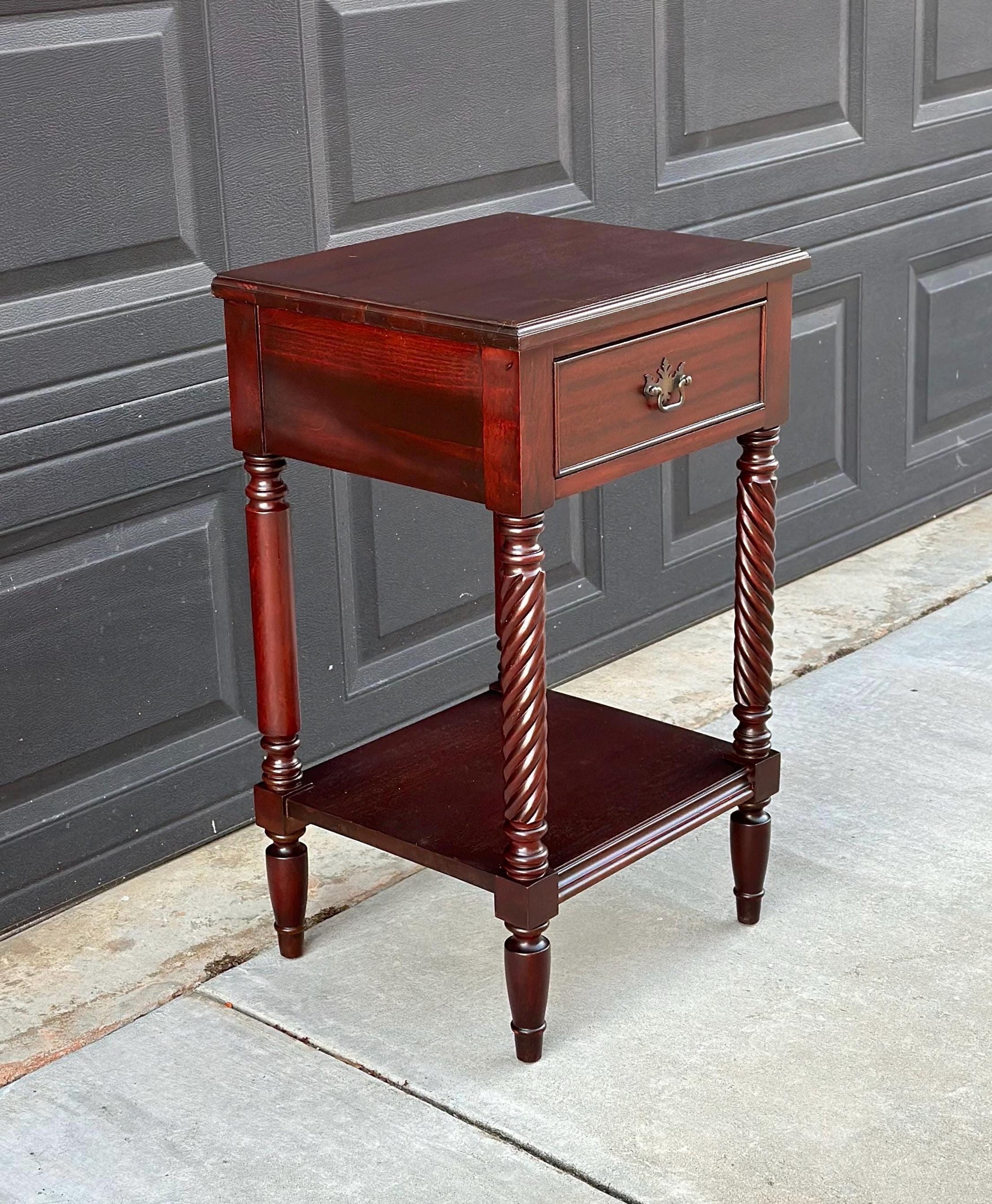 Vintage Mid 1900's Mahogany Wood Turned Leg Single Drawer Side Table