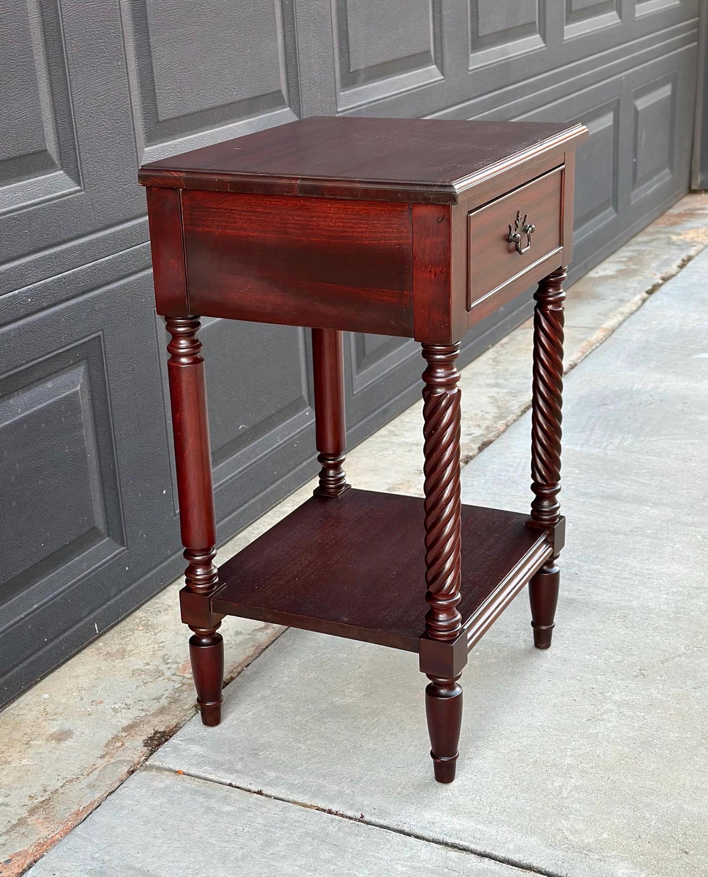 Vintage Mid 1900's Mahogany Wood Turned Leg Single Drawer Side Table