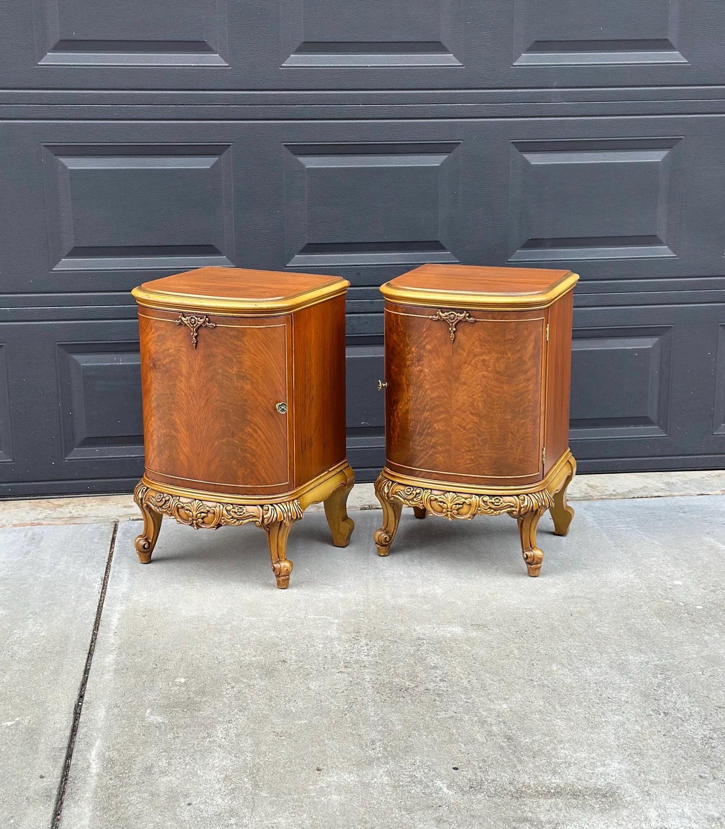 Antique Early 1900's Bookmatched Walnut & Mahogany French Bedside Chests - a Pair