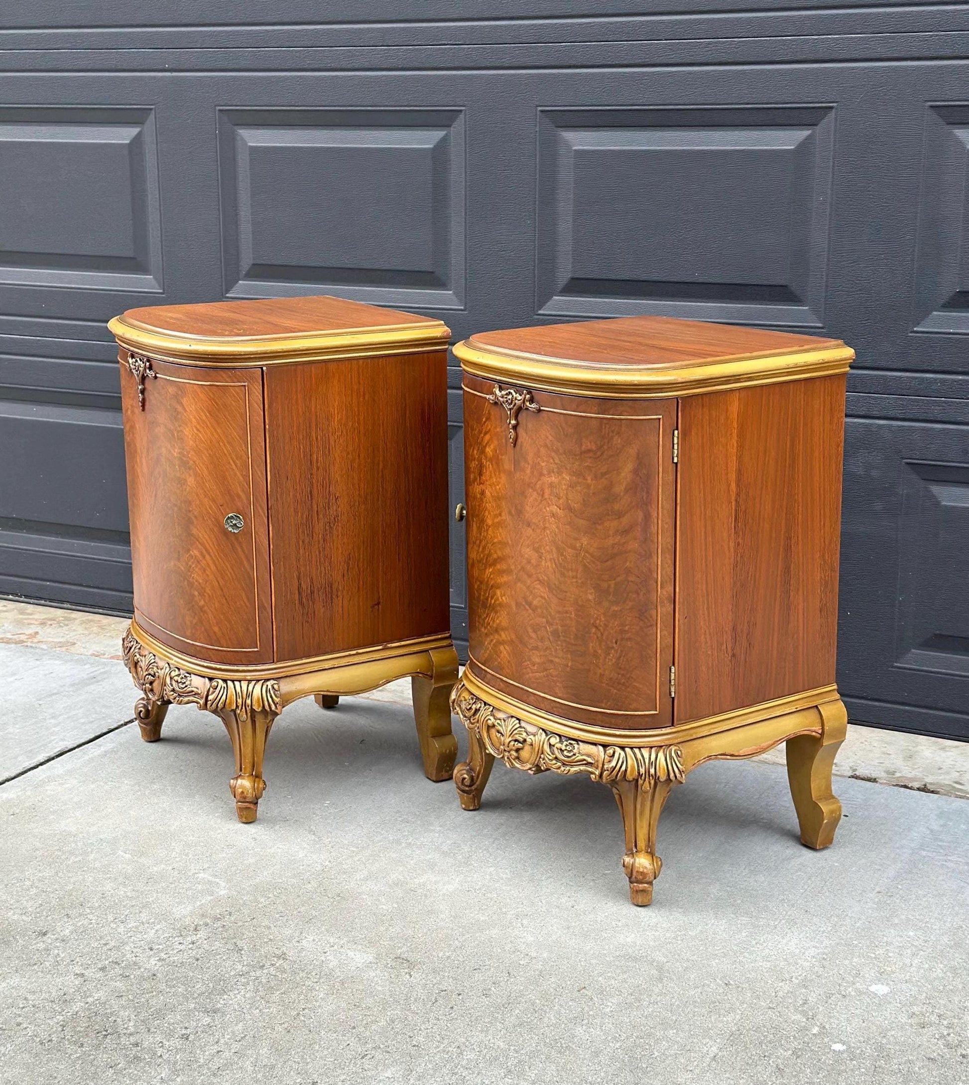 Antique Early 1900's Bookmatched Walnut & Mahogany French Bedside Chests - a Pair