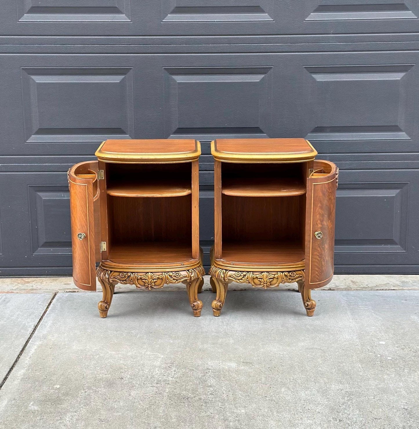 Antique Early 1900's Bookmatched Walnut & Mahogany French Bedside Chests - a Pair