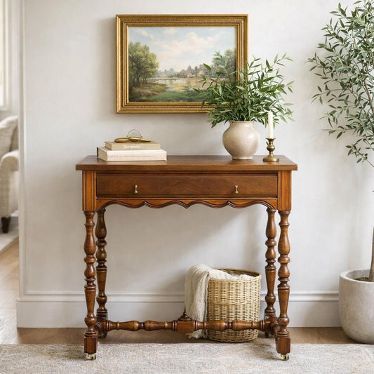 Antique Early 1900's Single Drawer Turned Leg Mahogany & Walnut Wood Accent Table on Casters