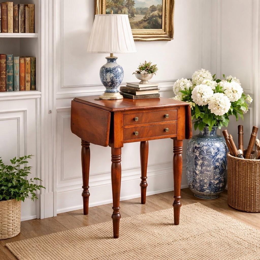 Antique Early 1900's Solid Mahogany Wood Turned Leg English Two Drawer Drop-Leaf Pembroke Accent Table