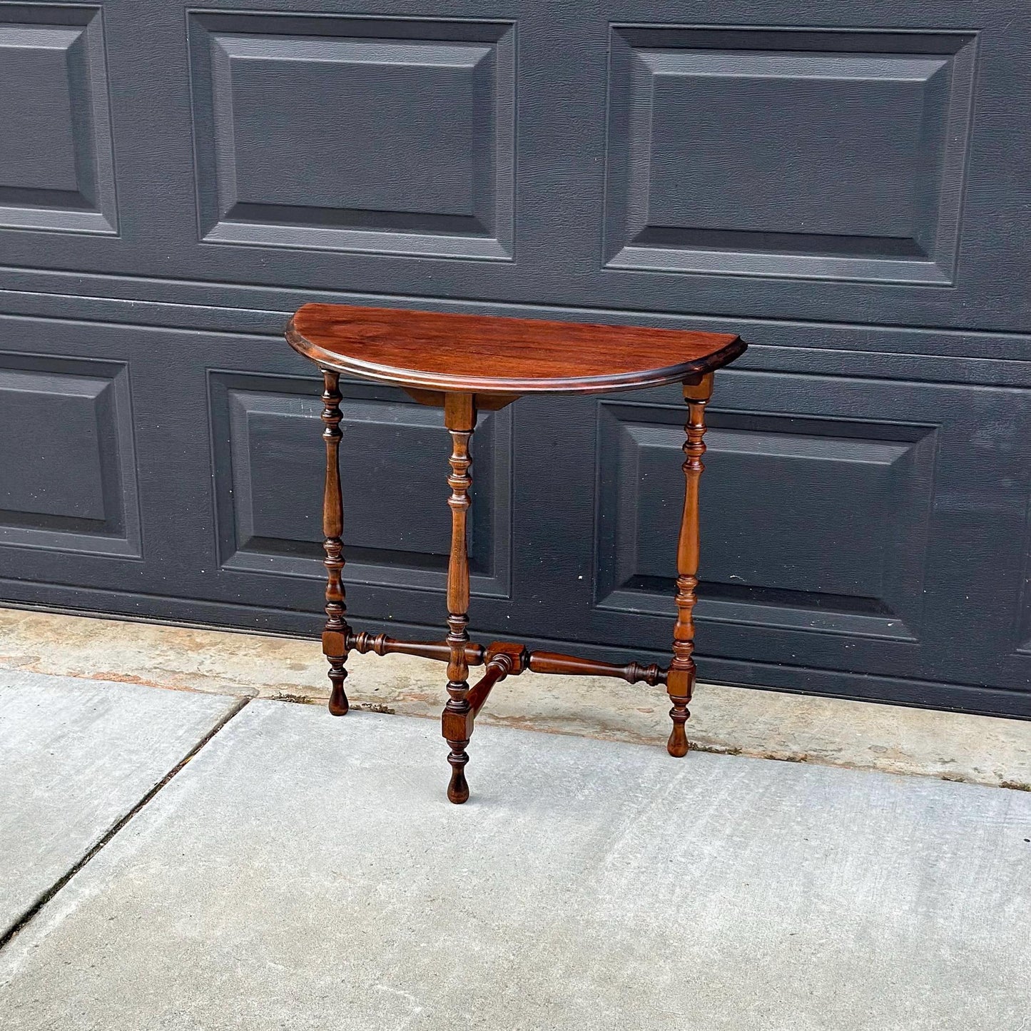 Antique Late 1800's Semicircular Wooden Spindle Leg Small Walnut Side Table