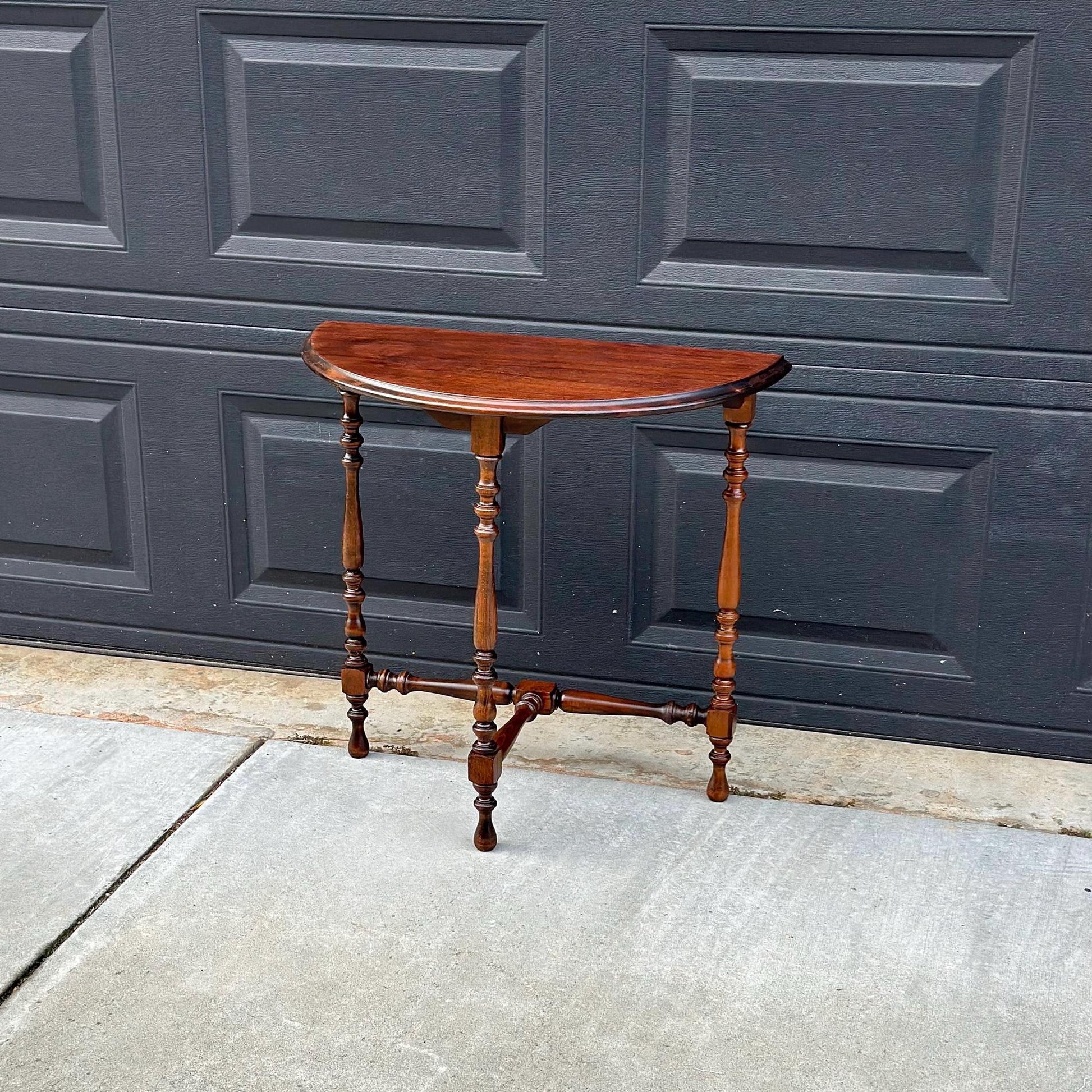 Antique Late 1800's Semicircular Wooden Spindle Leg Small Walnut Side Table