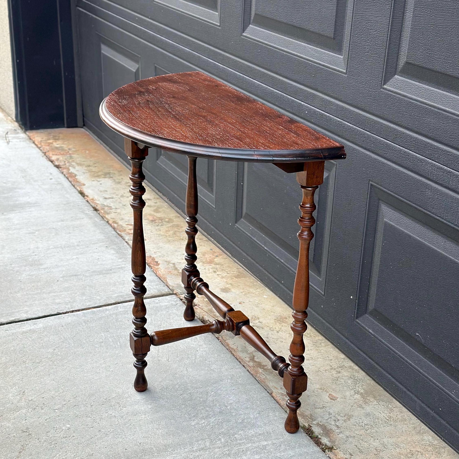 Antique Late 1800's Semicircular Wooden Spindle Leg Small Walnut Side Table